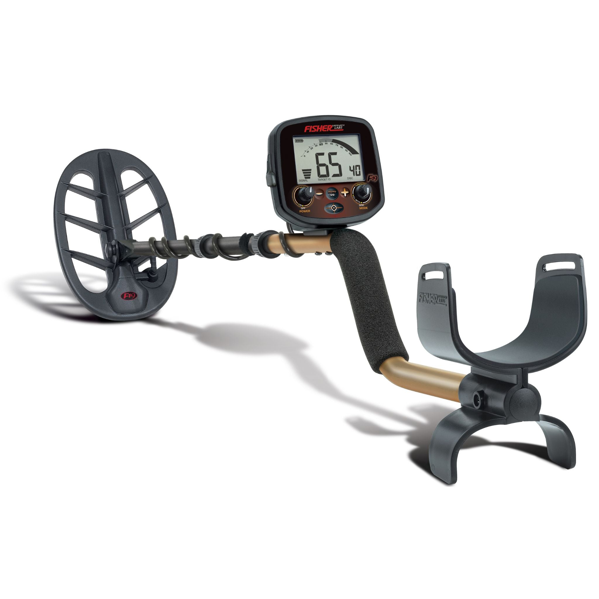 Fisher F19 metal detector with 11 inch DD search coil and gold shaft on white background