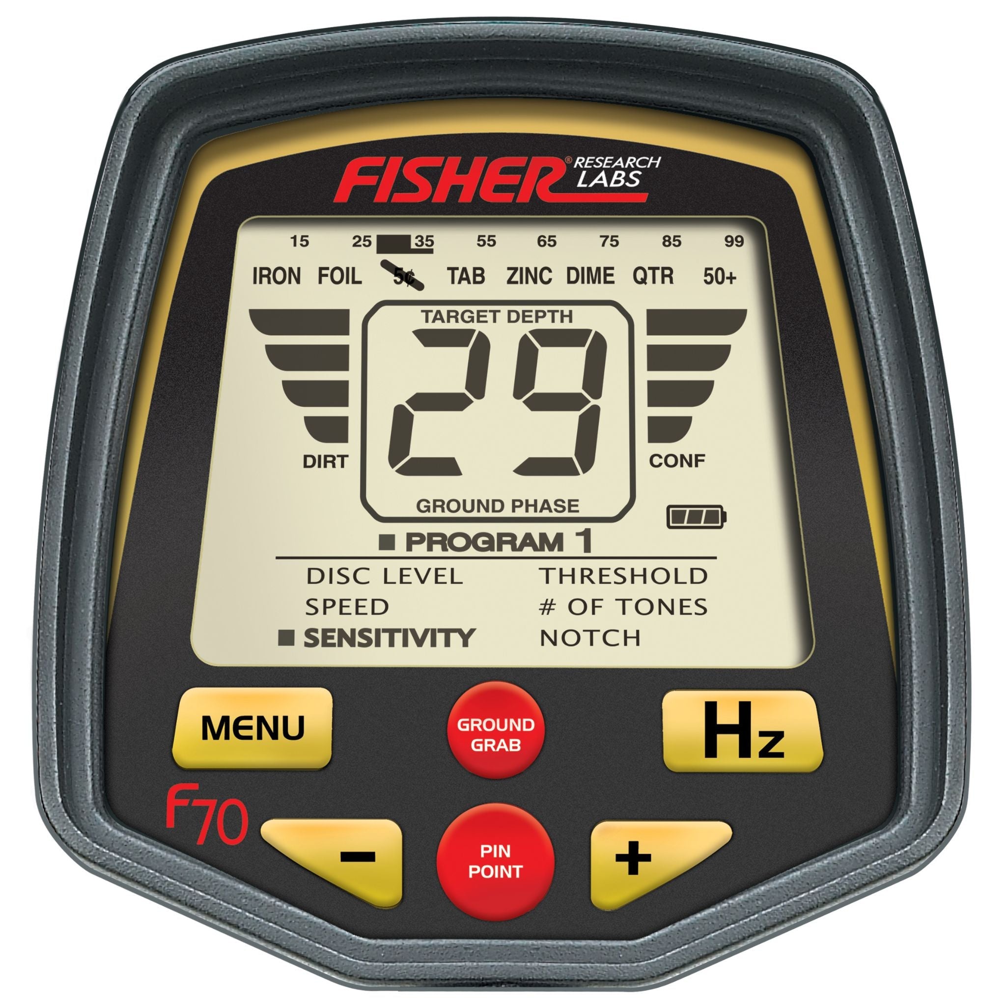 Fisher F70 control panel showing target depth readout and GroundGrab and pinpoint controls