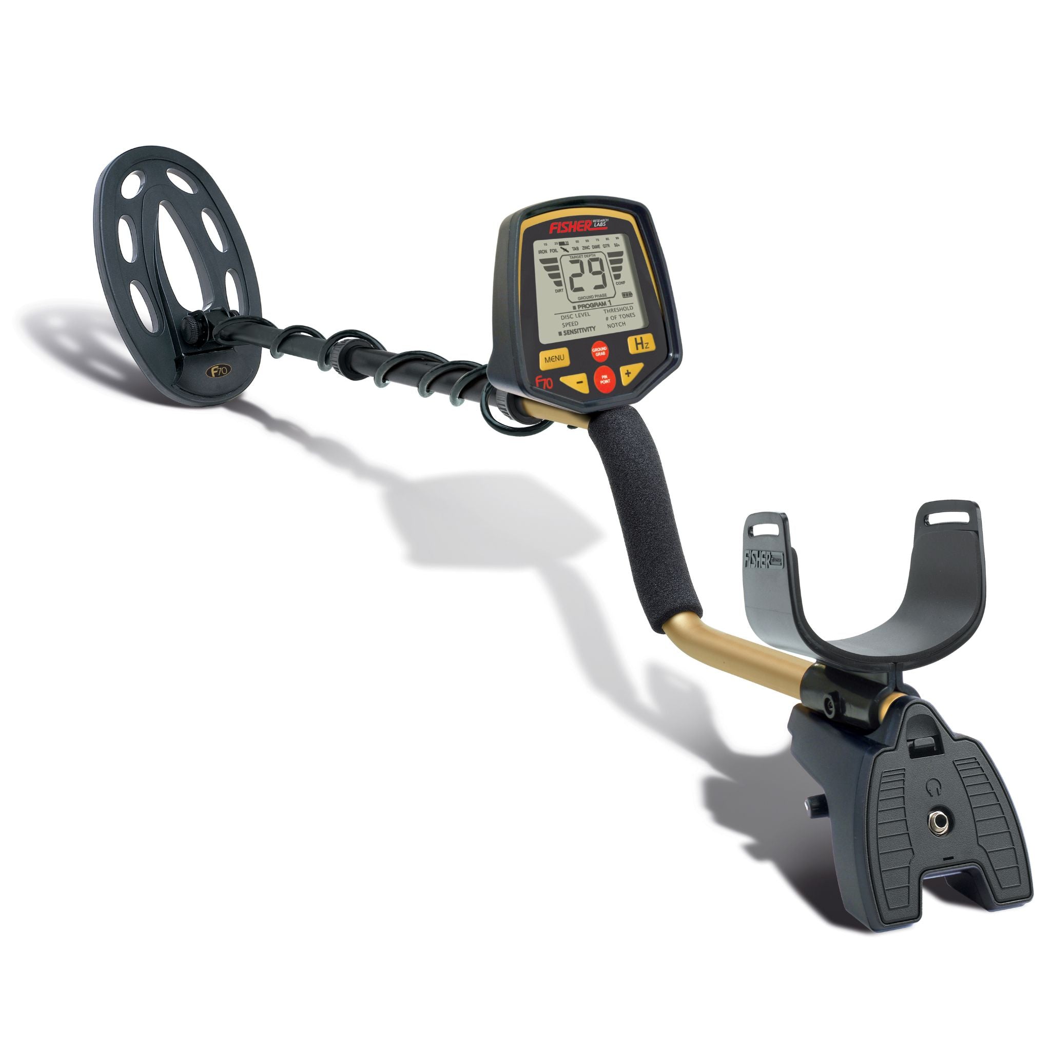 Fisher F70 metal detector with elliptical search coil and gold shaft on white background