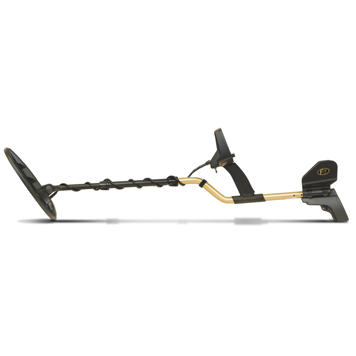 Side profile of the Fisher F75 metal detector with armrest, battery housing and 11 in (28 cm) DD coil
