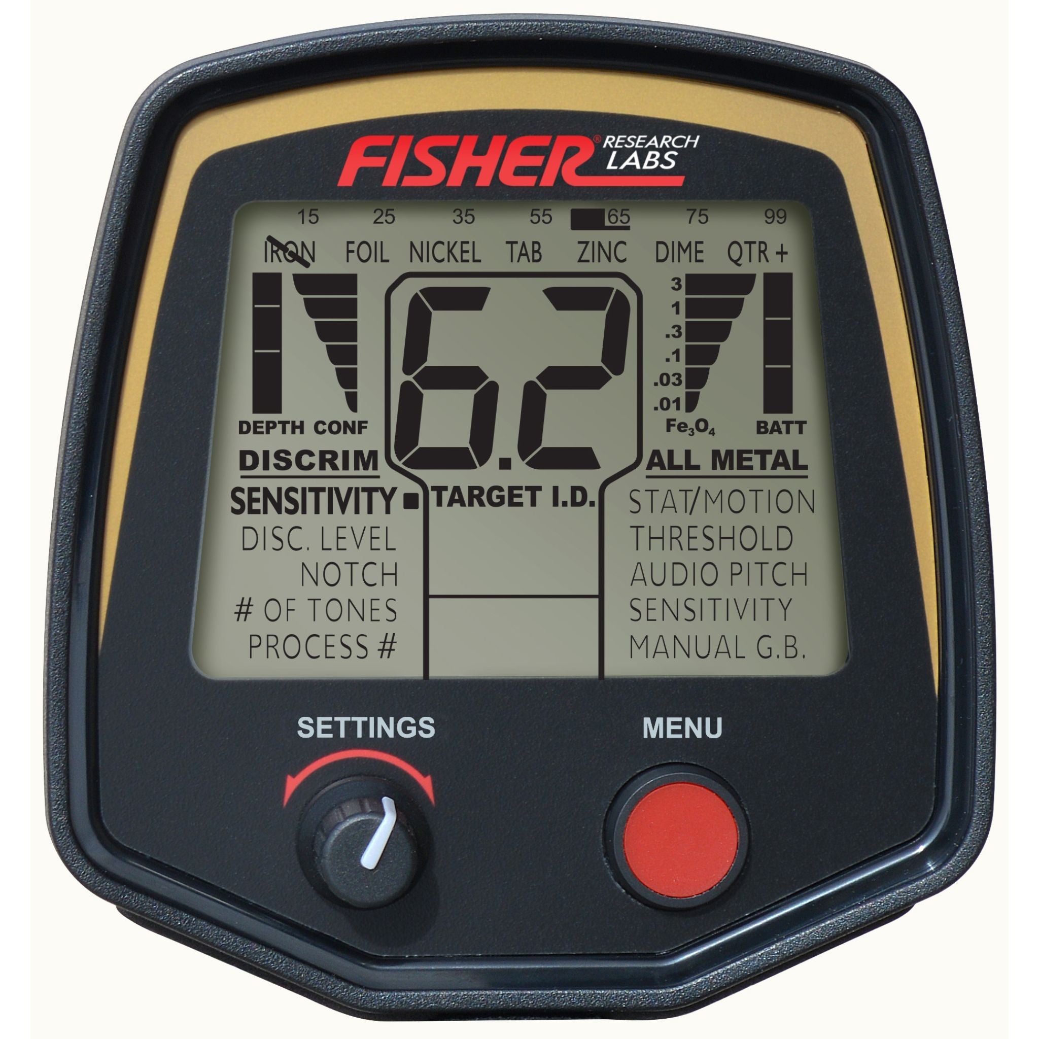 Fisher F75 Plus control panel showing numeric target ID and discrimination display