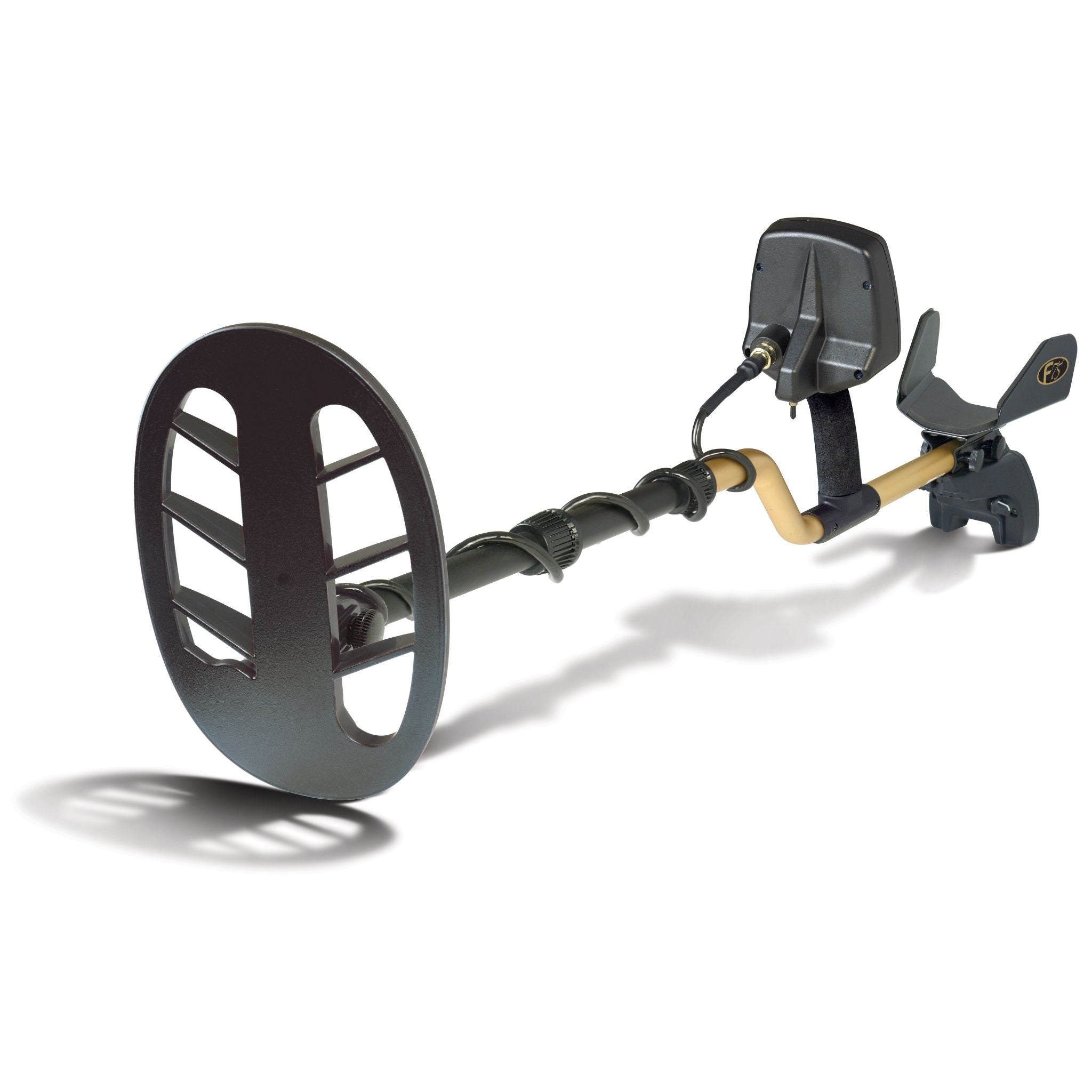 Fisher F75 Plus metal detector with 11 inch BiAxial DD search coil and gold shaft on white background