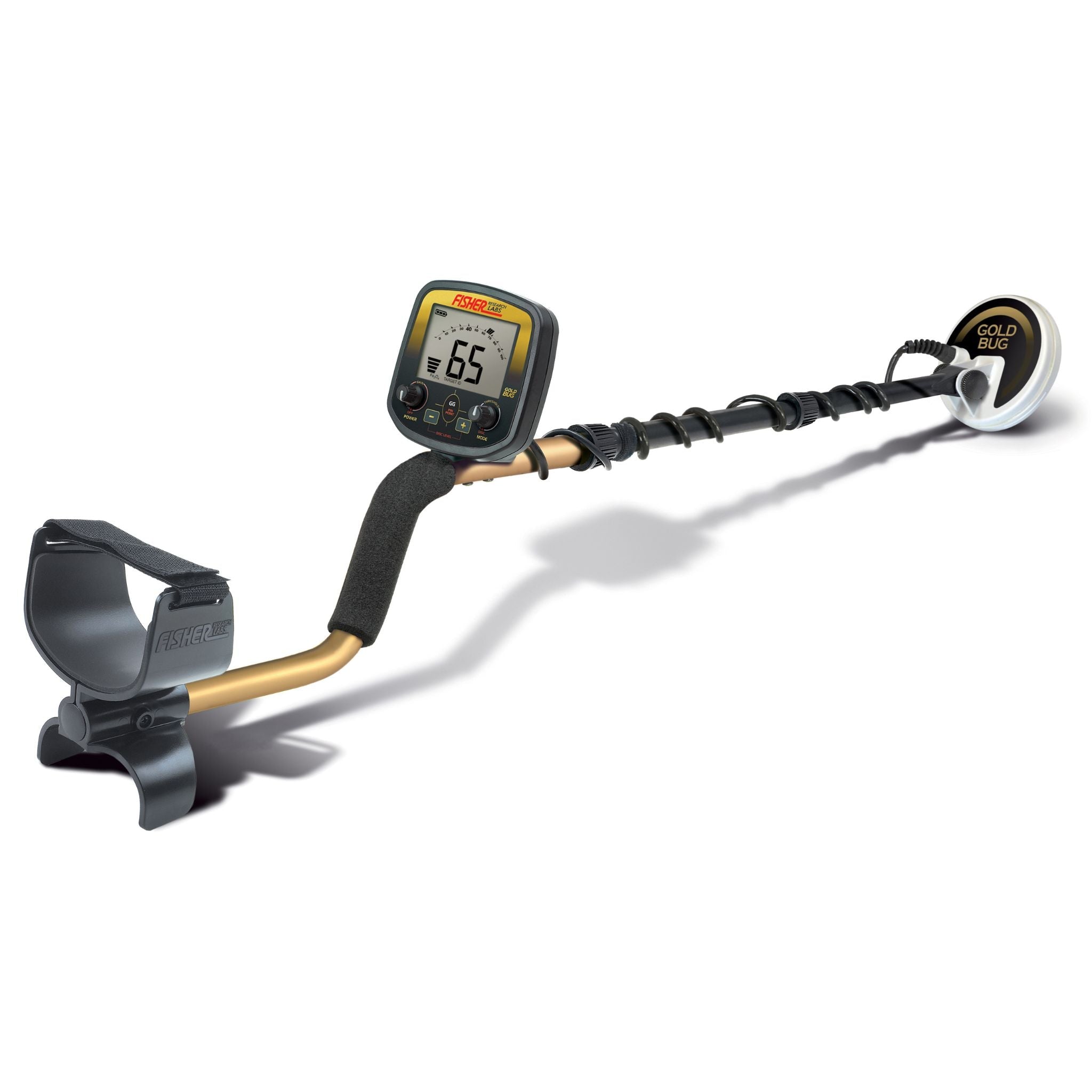 Fisher Gold Bug metal detector with gold shaft and 5 inch search coil on white background
