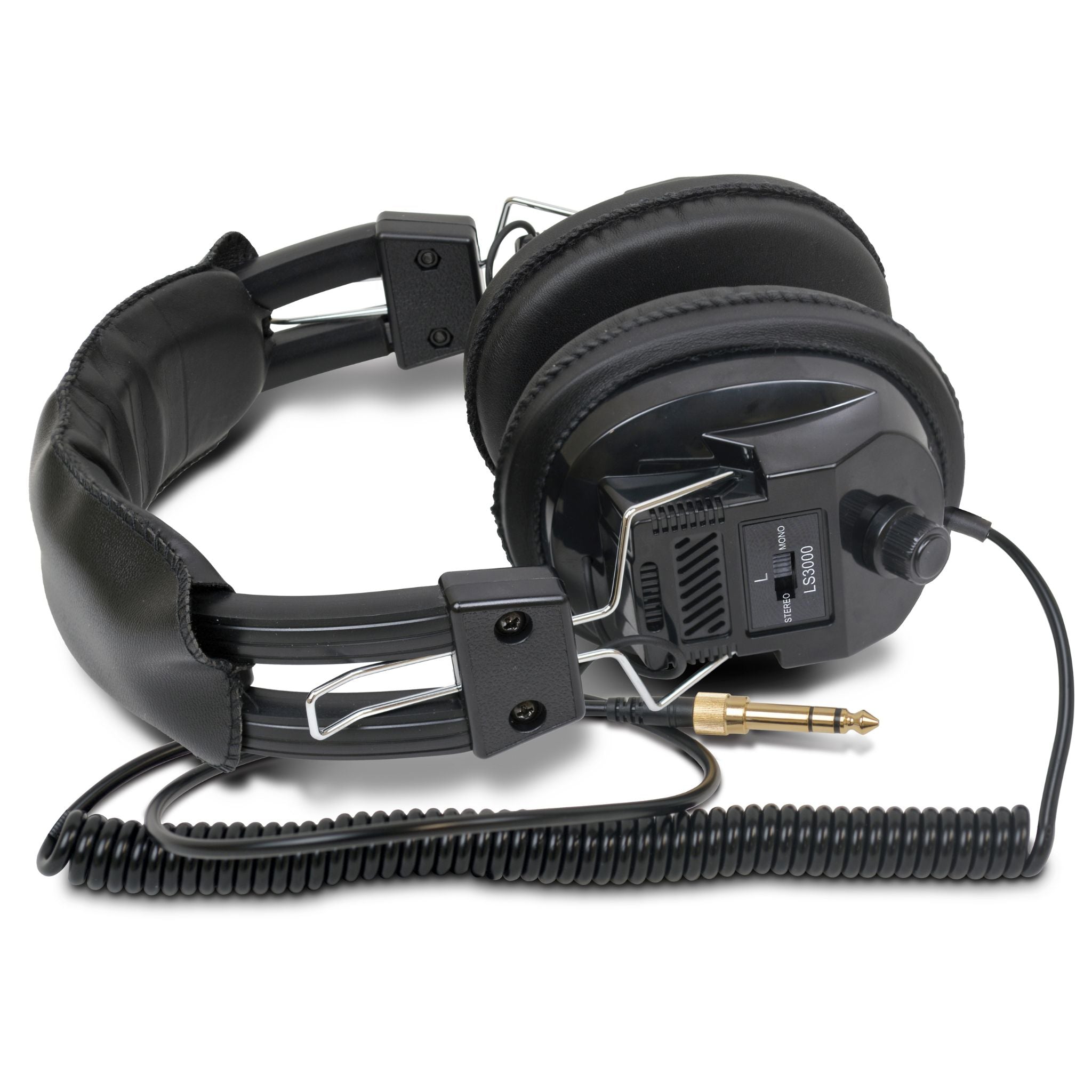 Fisher Stereo Headphones with coiled cable, stereo mono switch and gold 1/4 in adaptor over 1/8 in plug