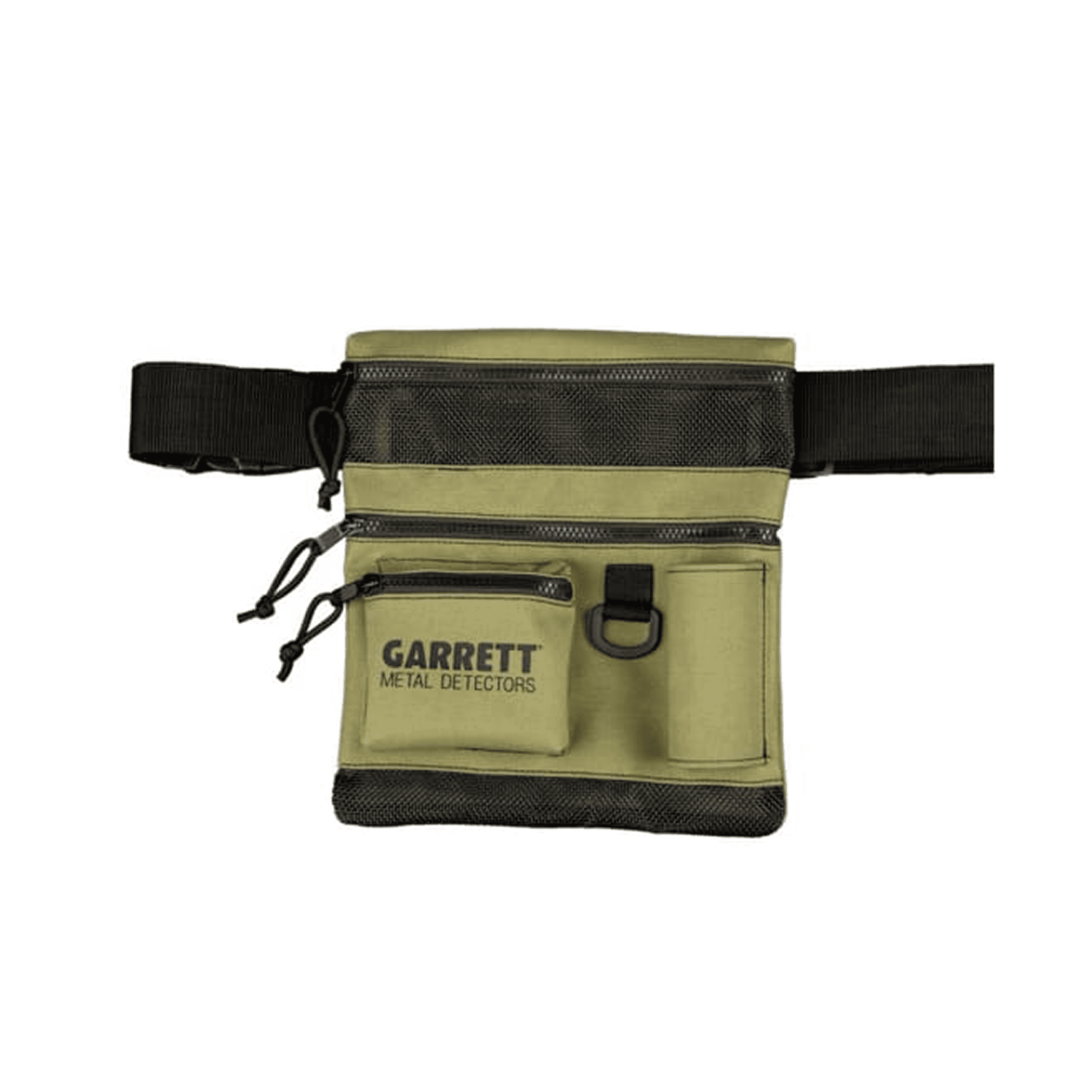 Genuine Garrett All Terrain dig pouch, green with black mesh, belt, coin pocket, pinpointer sleeve and D-ring