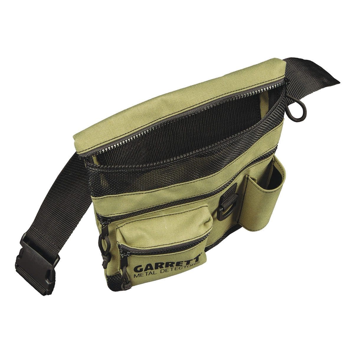 Garrett All Terrain dig pouch open view showing draining mesh main compartment and accessory pockets