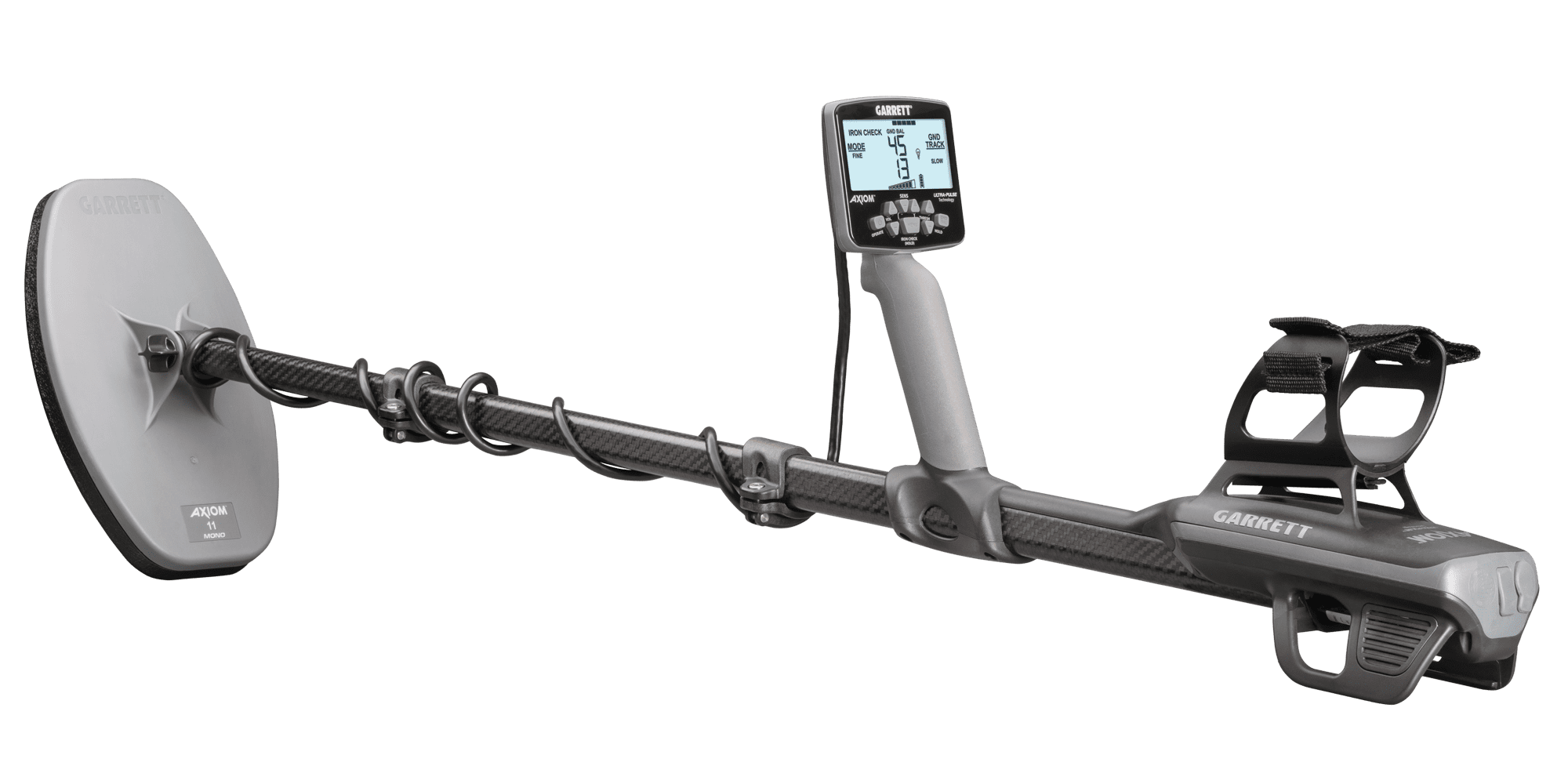 Garrett Axiom Lite pulse induction gold metal detector with 11x7 in mono search coil, carbon fiber shaft, and Ultra-Pulse control pod
