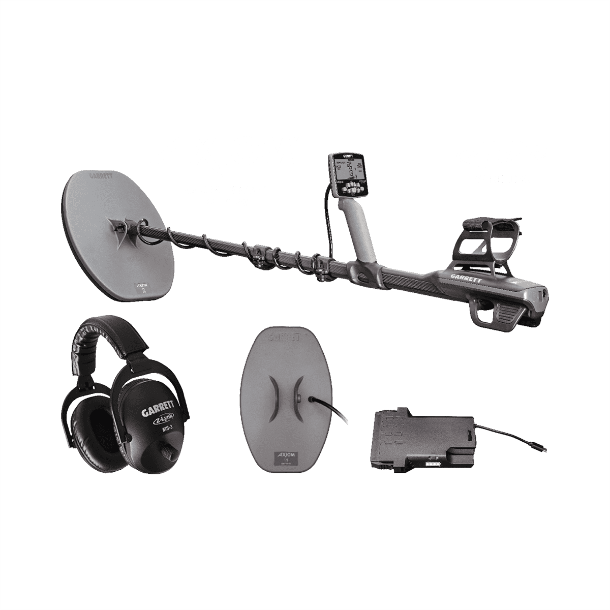 Garrett Axiom Standard Package: detector with 13 in DD search coil, MS-3 Z-Lynk wireless headphones, 11 in mono search coil, and battery booster pack
