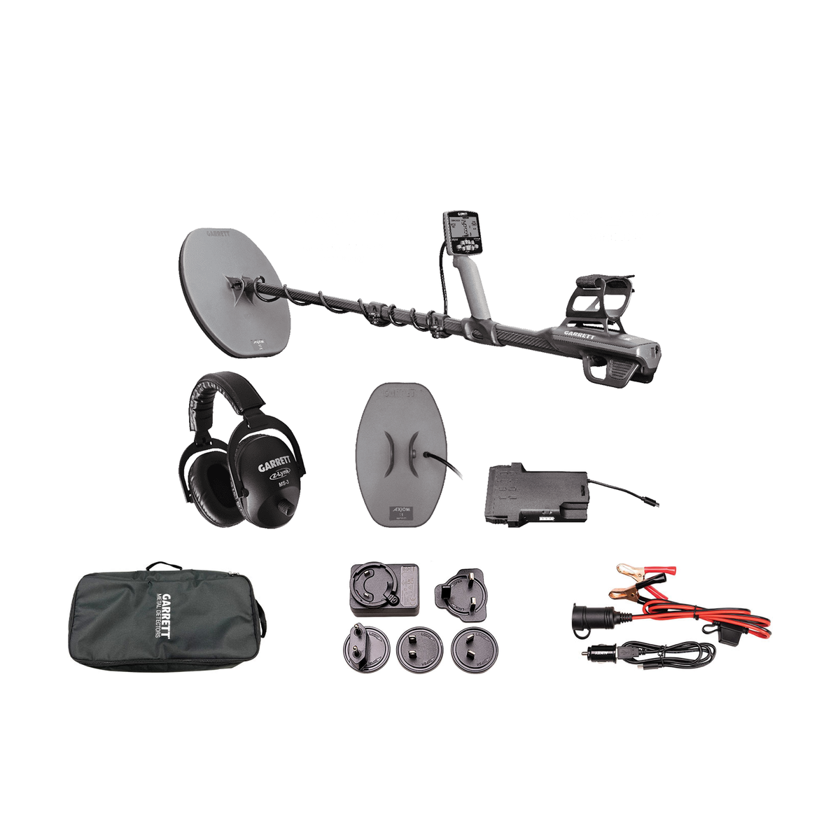 Garrett Axiom Standard Package contents: Axiom detector with 13x11 in DD-FC search coil mounted, MS-3 Z-Lynk wireless headphones, 11x7 in mono search coil, battery booster, Garrett soft travel pack, charger with plug adapters, and 12 V charging kit