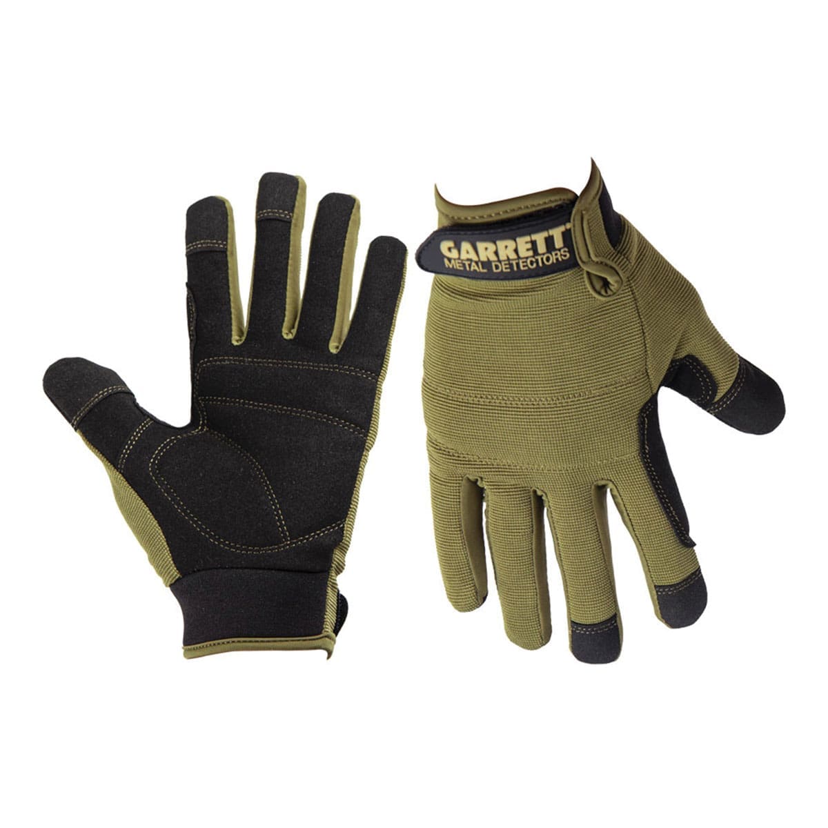 Garrett Detecting Gloves in olive green and black: padded black palm with touchscreen fingertips and the Garrett hook-and-loop wrist tab