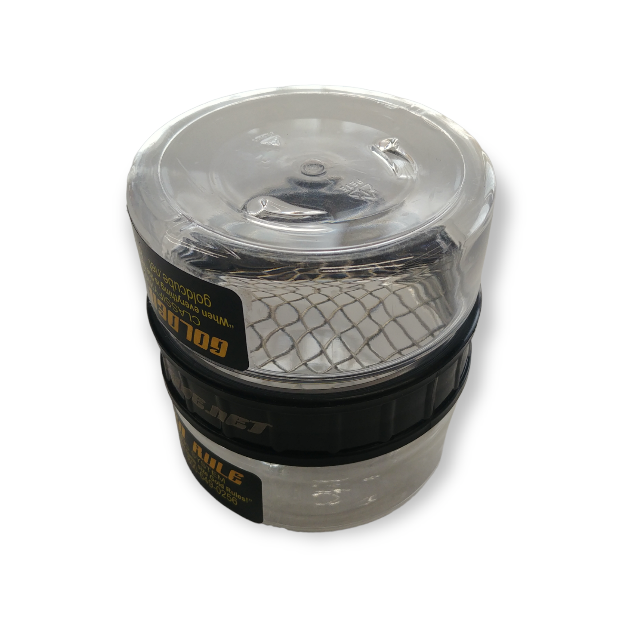 Gold Cube Golden Rule classifier assembled: two clear jars threaded onto the black center ring with a stainless mesh screen inside