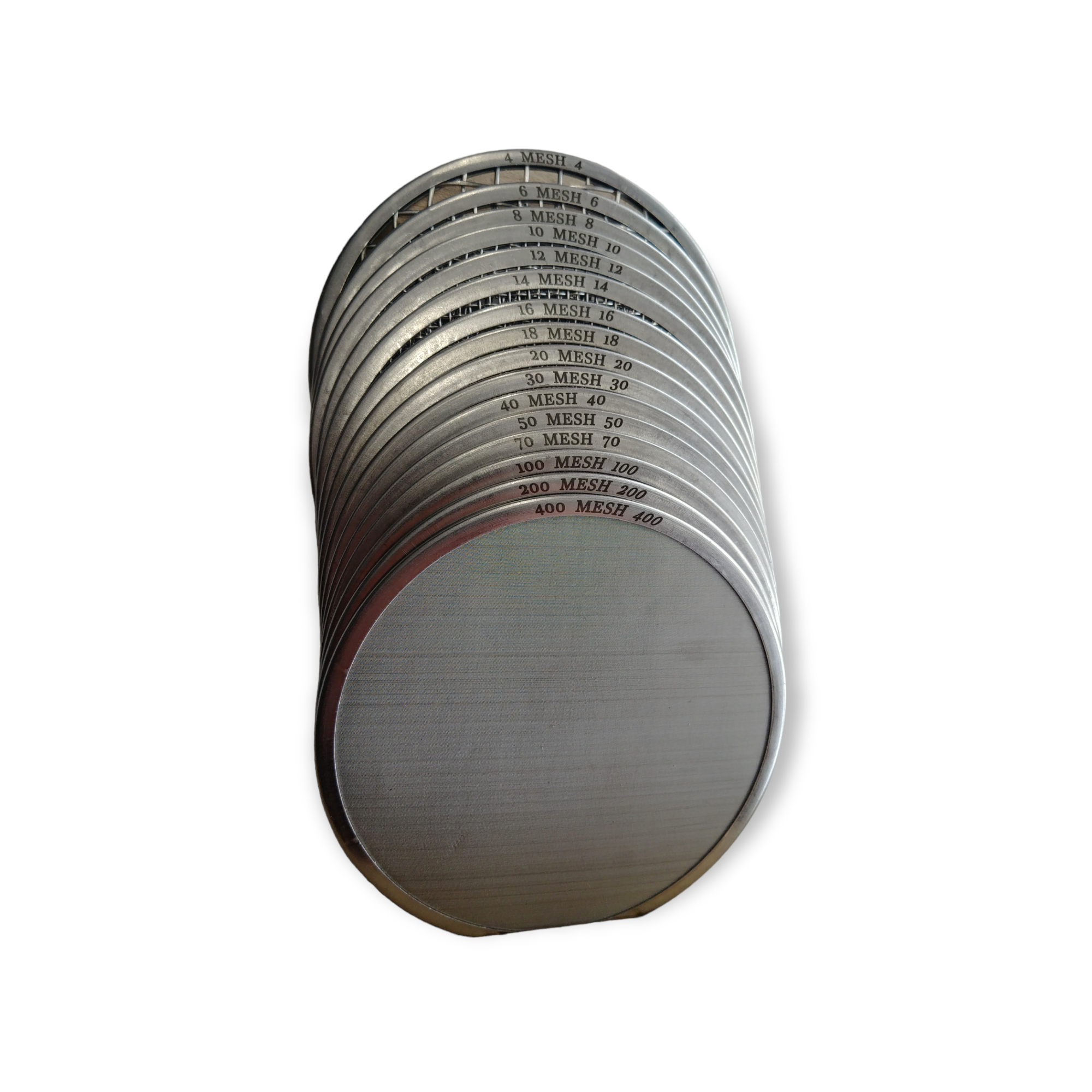 All 16 Golden Rule stainless steel mesh screens fanned in a stack, each rim clearly marked from 4 MESH down to 400 MESH