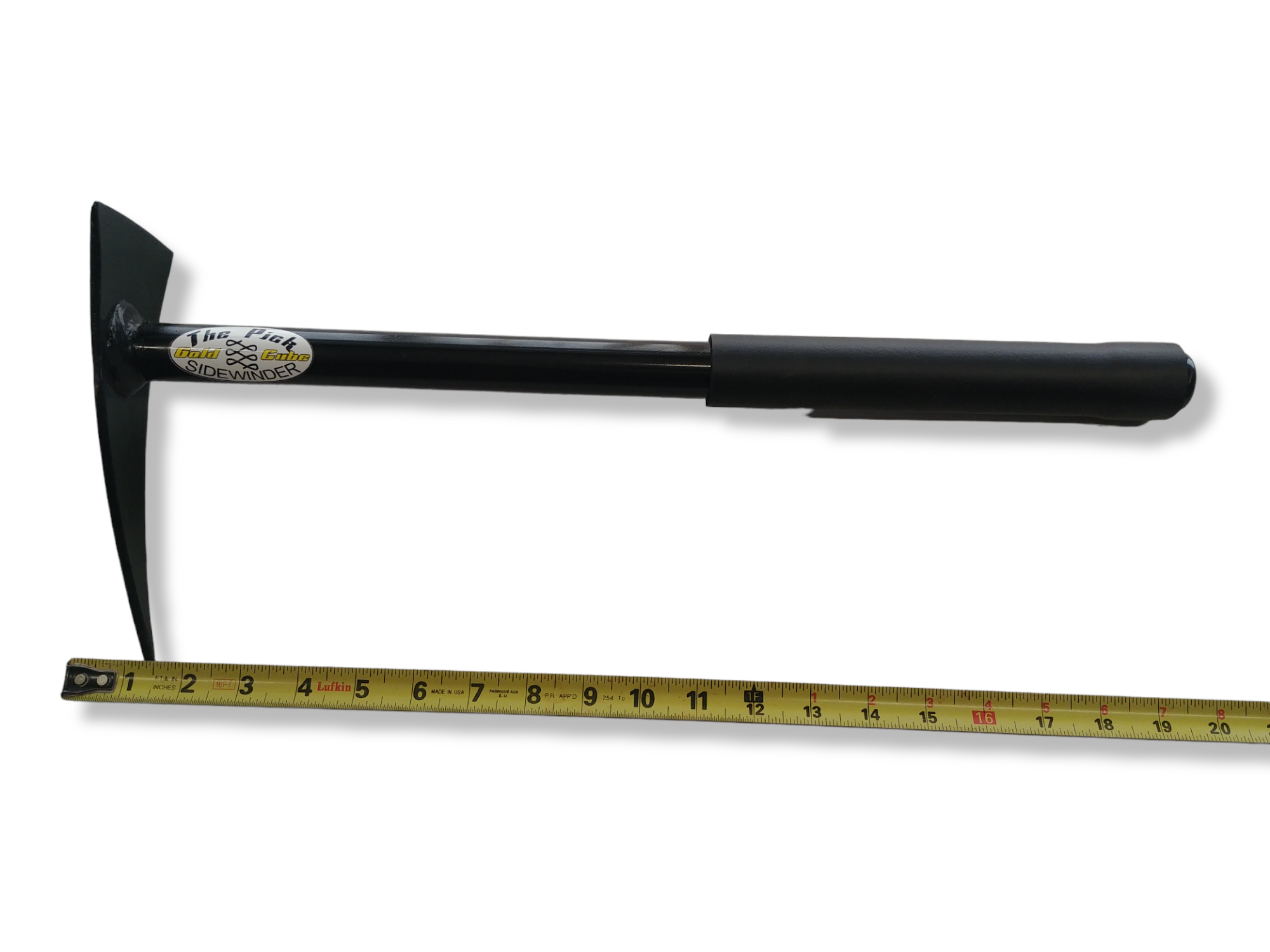Gold Cube The Pick Sidewinder prospecting pick full view with curved steel blade and tape measure showing overall length