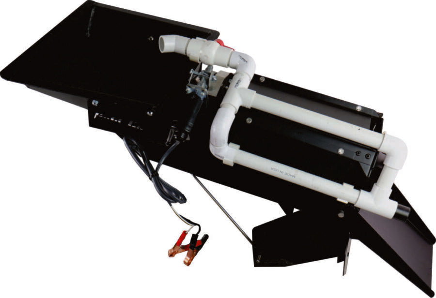 Gold Cube Trommel next generation with feed hopper, rotating barrel marked Made in USA, external PVC spray bar, and 12 volt battery clamps