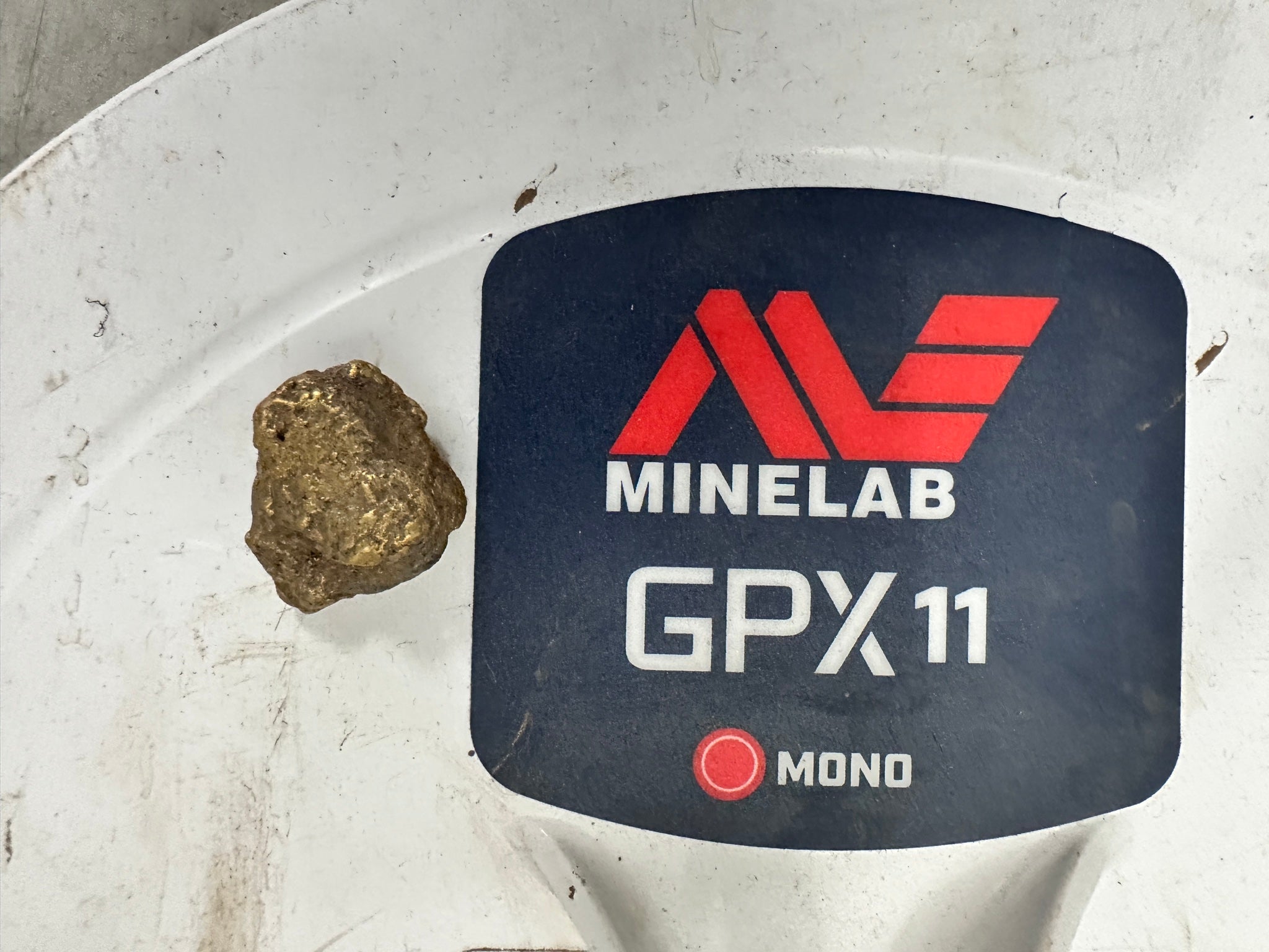 Alaska gold nugget on the GPX11 11 in mono coil that found it, Minelab GPX 6000