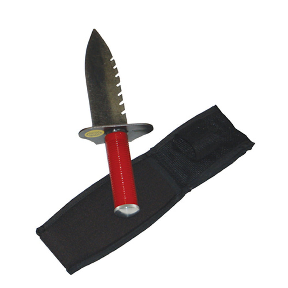 Lesche digging tool with left-side serrated heat-treated steel blade, red grip and hand guard, shown with the included black belt sheath