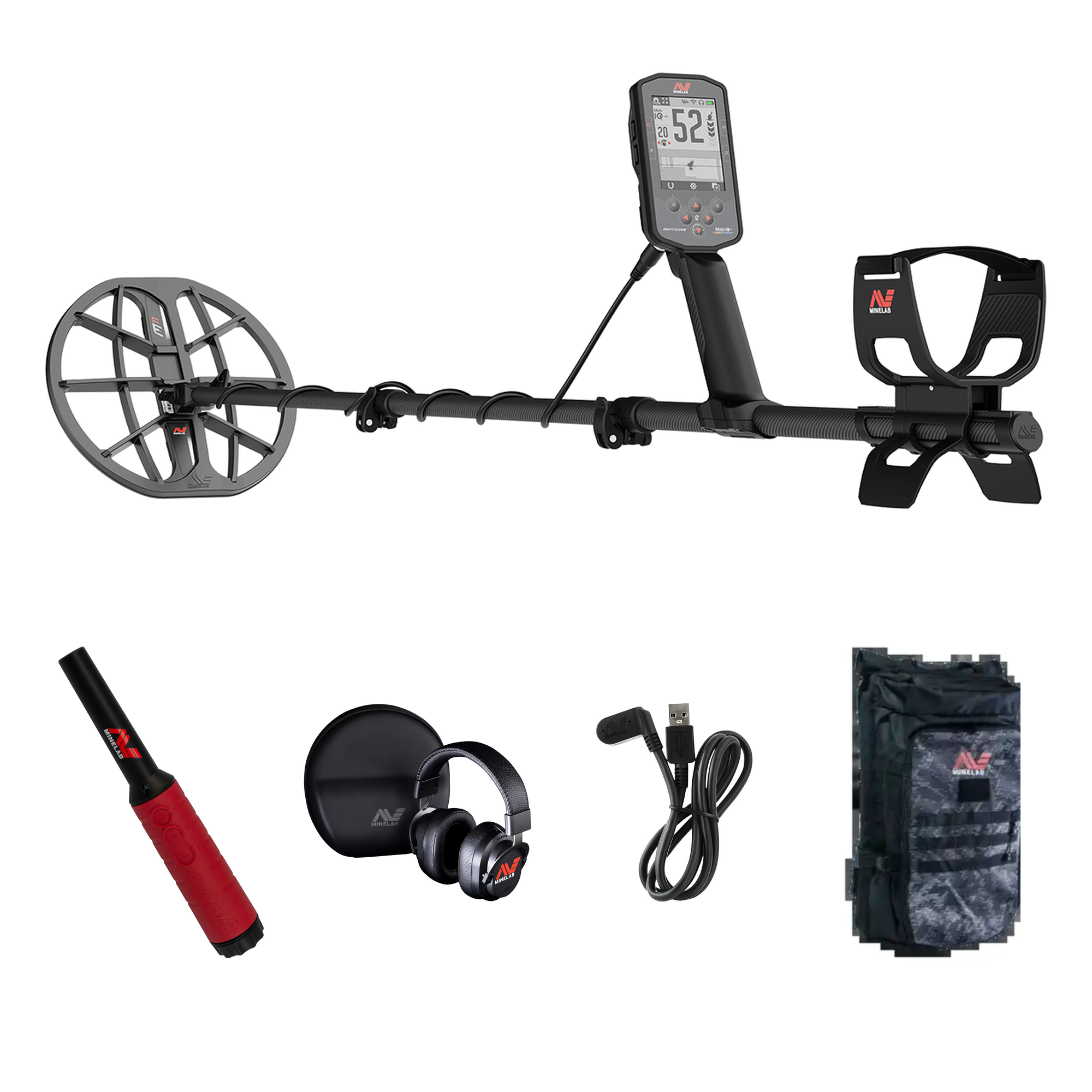 Minelab Manticore Field Bundle contents: Manticore with M11 coil, Pro-Find 40 pinpointer, ML 105 wireless headphones, magnetic USB charging cable and Minelab backpack