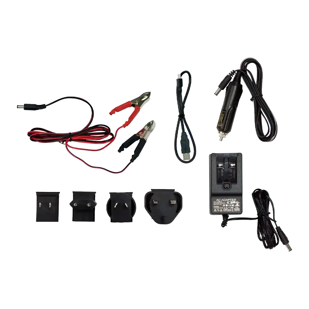 Genuine Minelab adaptors chargers and cables kit 3011-0290: AC adapter with four plug heads, car charger, battery clamp lead and USB cable