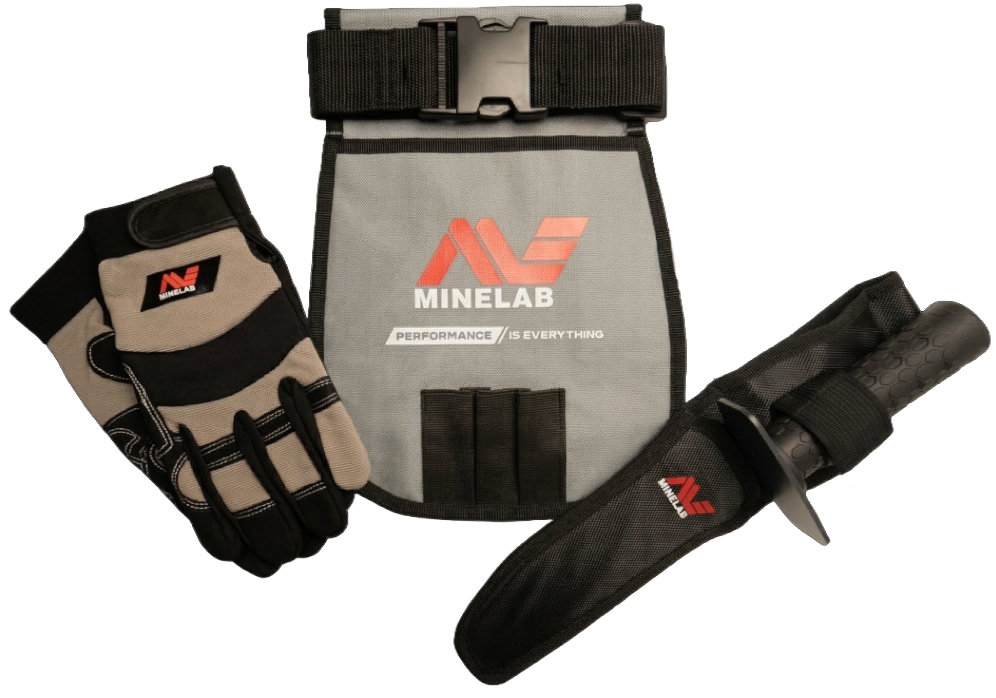 Minelab Adventure Pack 3011-0497: detecting gloves, digging tool with sheath and finds pouch, included in the X-Terra Pro Beach Bundle