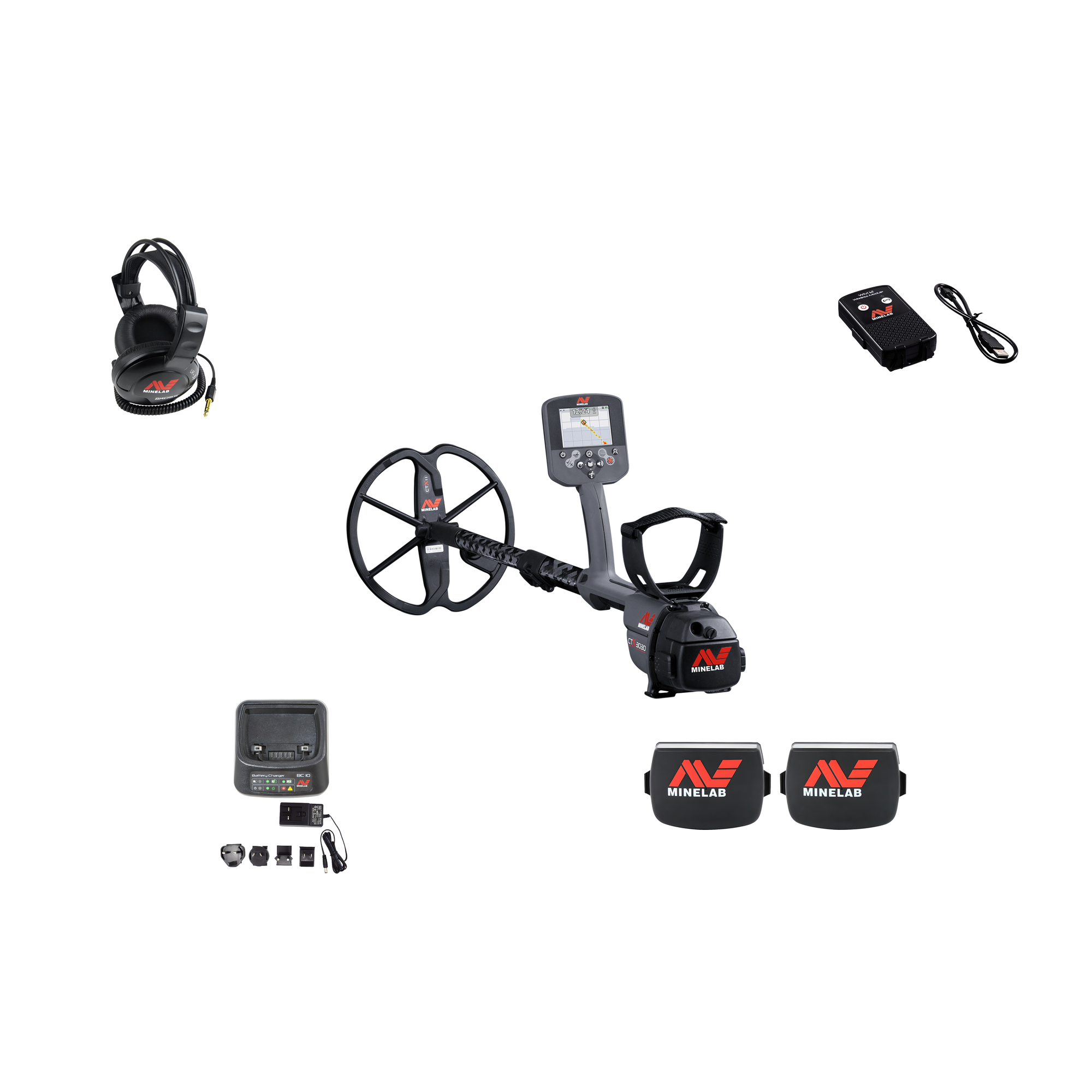 Minelab CTX 3030 metal detector contents: detector with 11 in search coil, Koss UR30 headphones, WM 10 wireless audio module, BC 10 charger with plug set, Li-ion battery pack, and alkaline battery holder