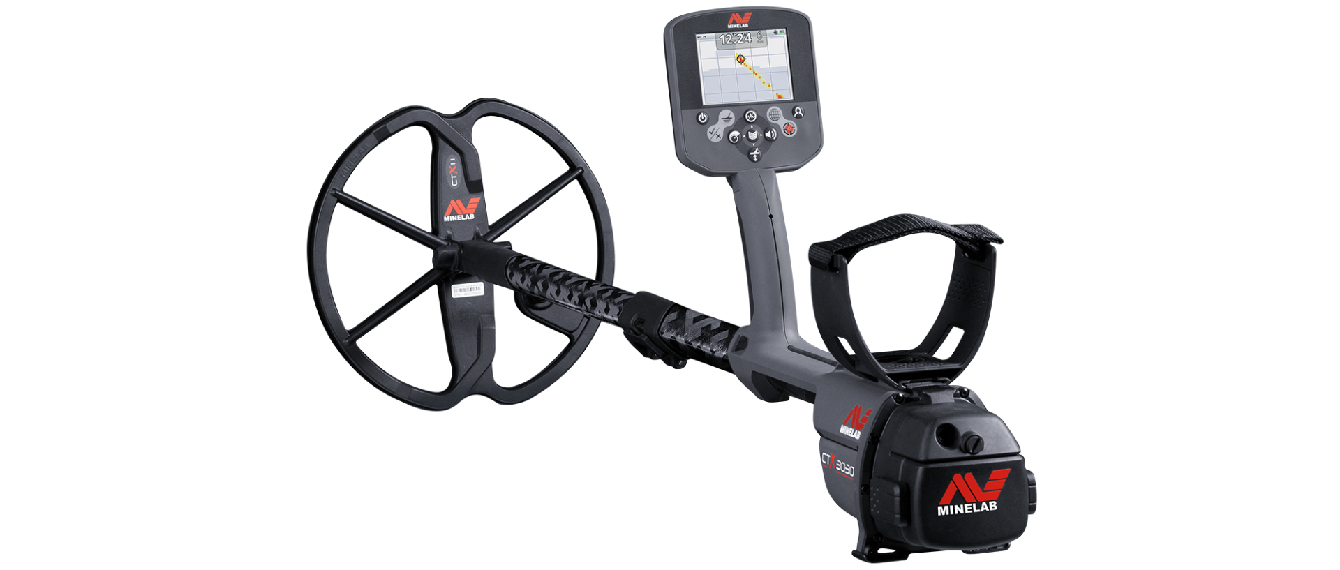 Minelab CTX 3030 waterproof metal detector with 11 in Double-D search coil, studio side view