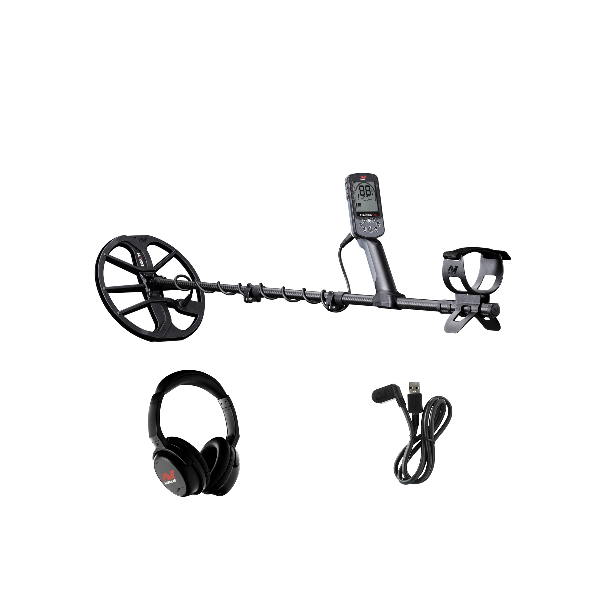 Minelab Equinox 700 metal detector contents: detector with EQX 11 search coil, ML 85 low-latency wireless headphones, and magnetic USB charging cable