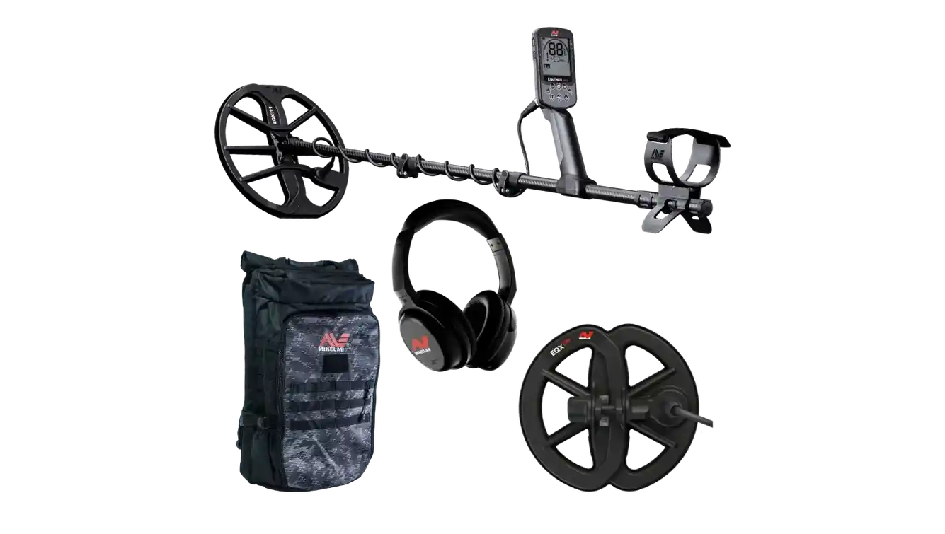 Minelab Equinox 900 Essentials Bundle contents: Equinox 900 detector with EQX11 coil, EQX06 coil, ML85 wireless headphones, and Minelab backpack