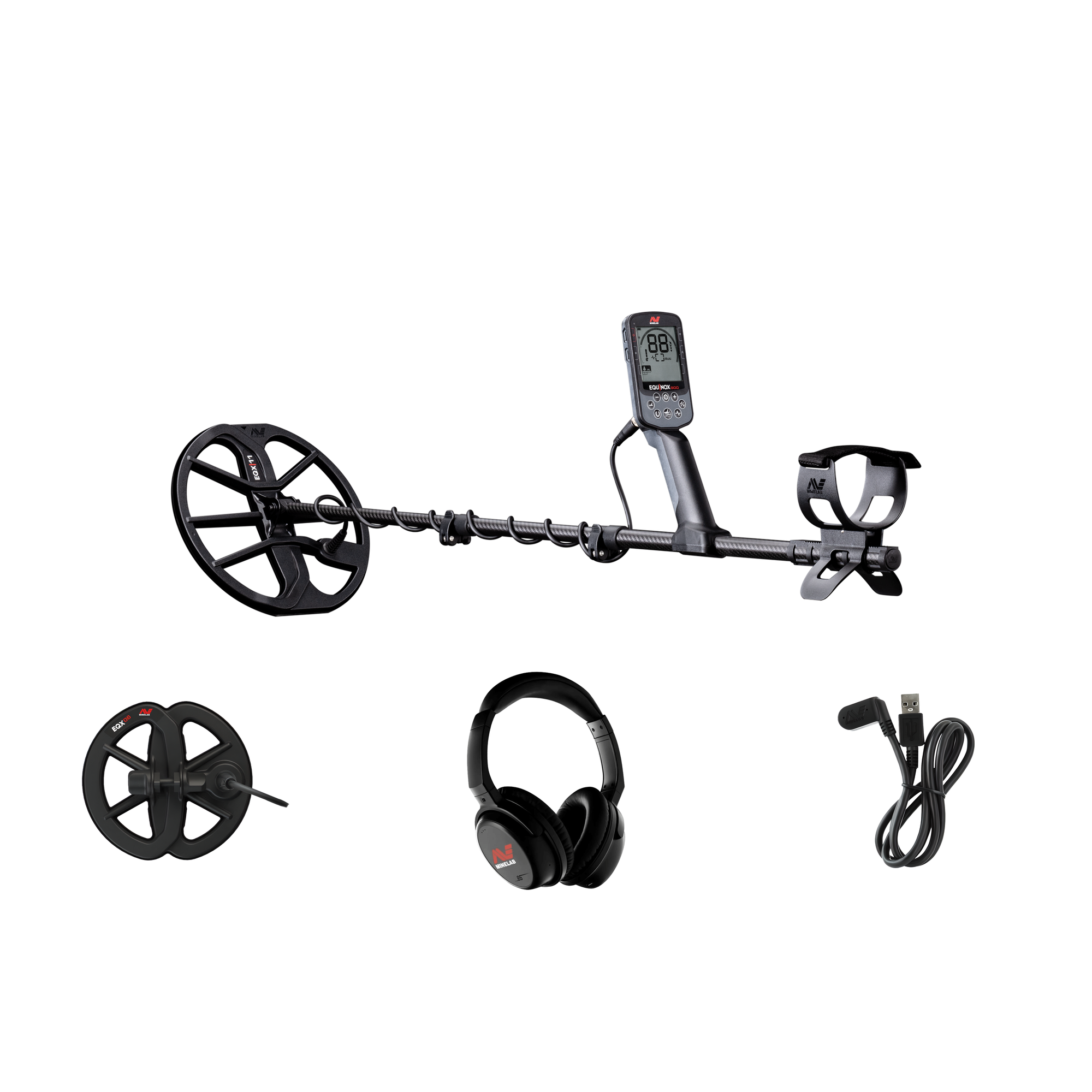 Minelab Equinox 900 metal detector contents: detector with EQX 11 search coil, EQX 06 6 in Double-D search coil, ML 85 low-latency wireless headphones, and magnetic USB charging cable