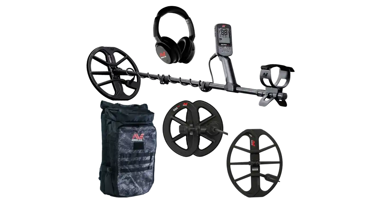 Minelab Equinox 900 Recovery Bundle contents: Equinox 900 detector with EQX11 coil, EQX06 and EQX15 coils, ML85 wireless headphones, and Minelab backpack