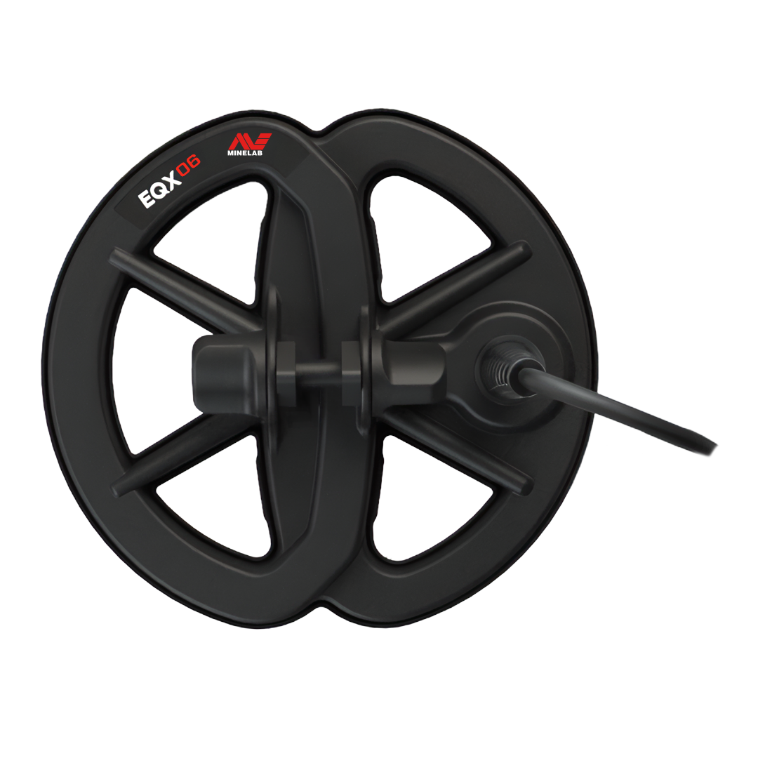 Minelab EQX 06 6 inch / 152 mm round Double-D search coil for the Equinox and X-Terra, black coil with fitted skid plate and cable