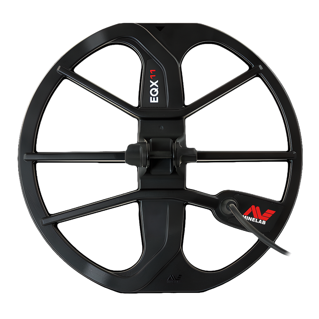 Minelab EQX 11 11 inch / 279 mm round Double-D search coil for the Equinox and X-Terra, black coil with fitted skid plate and cable