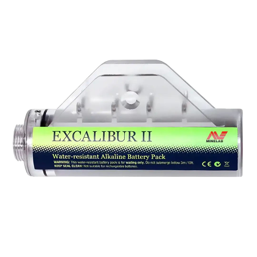 Genuine Minelab Excalibur II alkaline battery pod 3011-0213, clear water-resistant holder with threaded collar and warning label