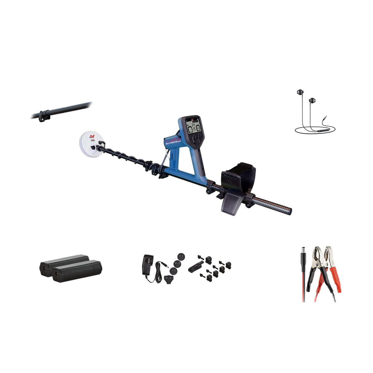 Minelab Gold Monster 2000 contents: detector with GM 05 5 in search coil, universal shaft adapter, wired earbuds, two 2700 mAh Li-ion batteries, AC charger with plug set and mounting hardware, and car battery lead