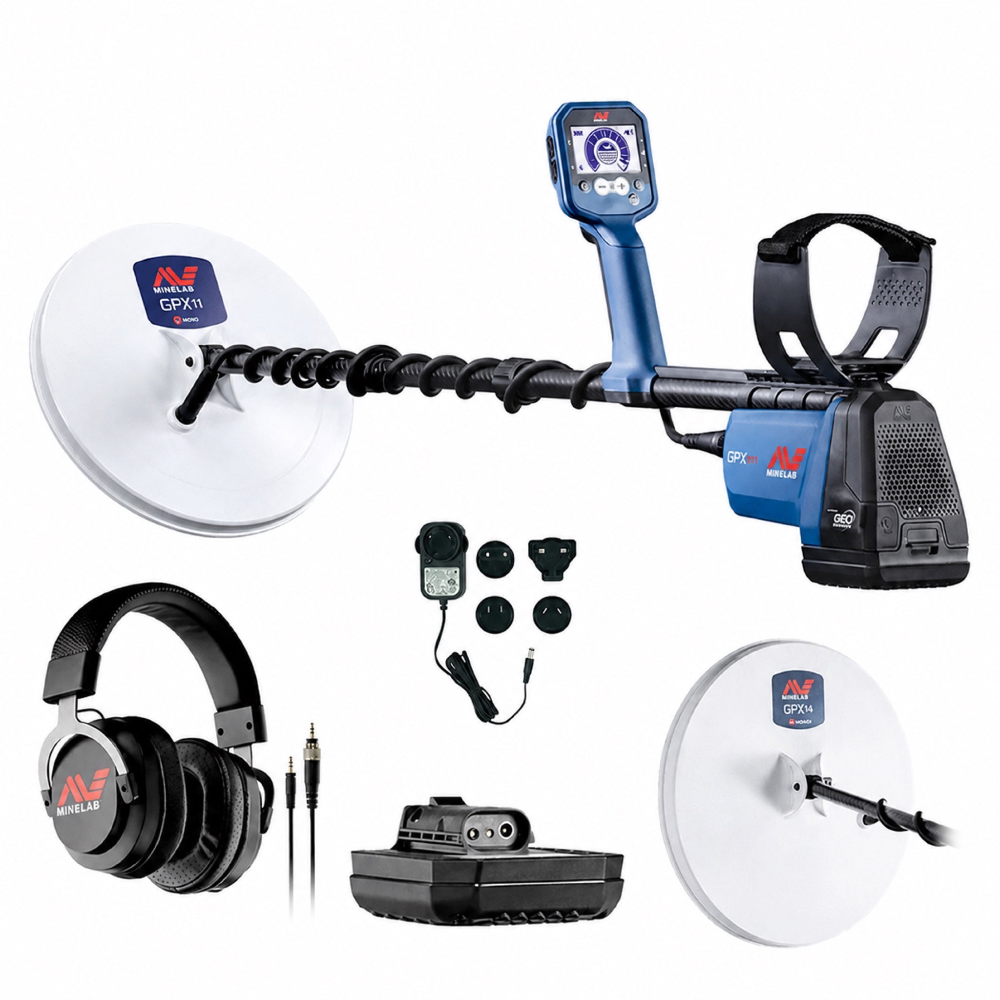 Minelab GPX 6000 gold detector kit: GPX11 and GPX14 search coils, ML 100 wireless headphones, battery, and charger