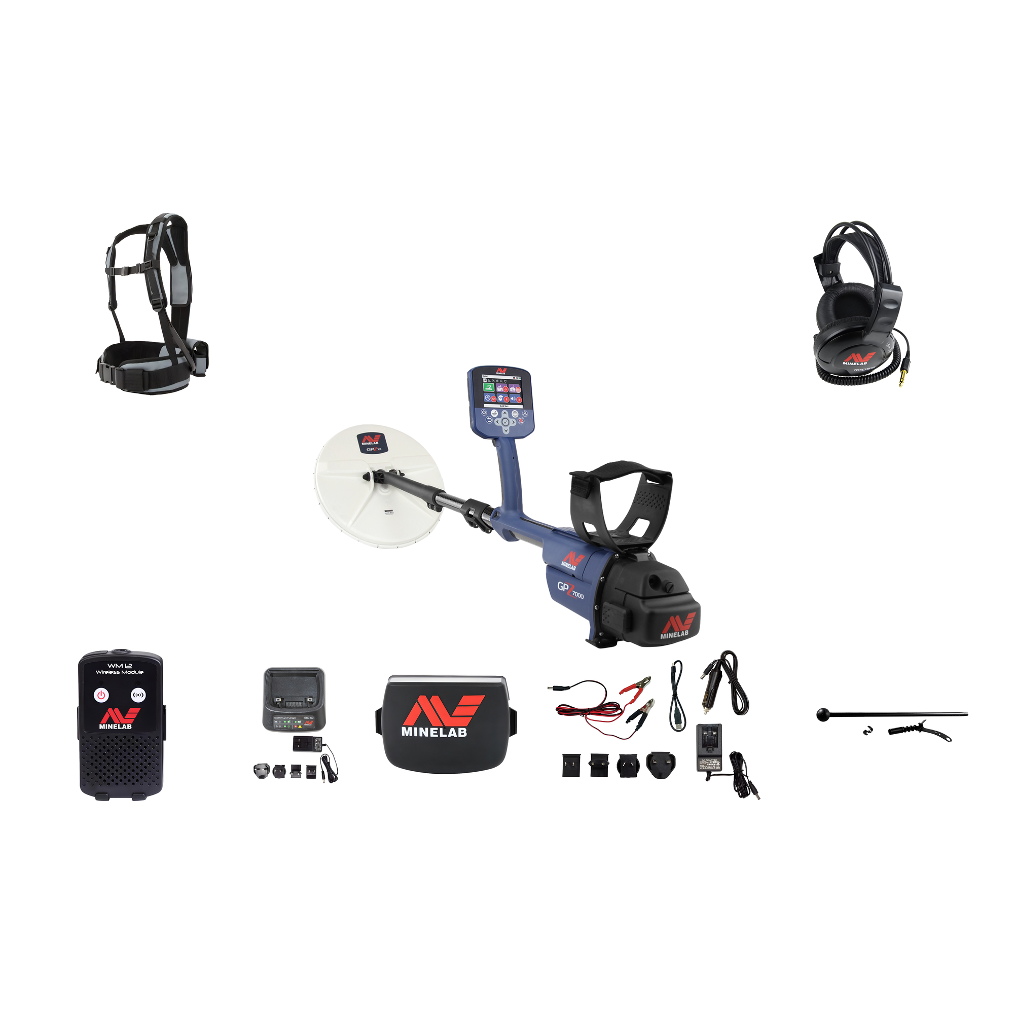 Minelab GPZ 7000 gold detector contents: detector with GPZ 14 search coil, Pro-Swing 45 harness, Koss UR-30 headphones, WM 12 wireless audio module, BC 10 charger with plug set, Li-ion battery, charging cable kit, and GA 10 guide arm