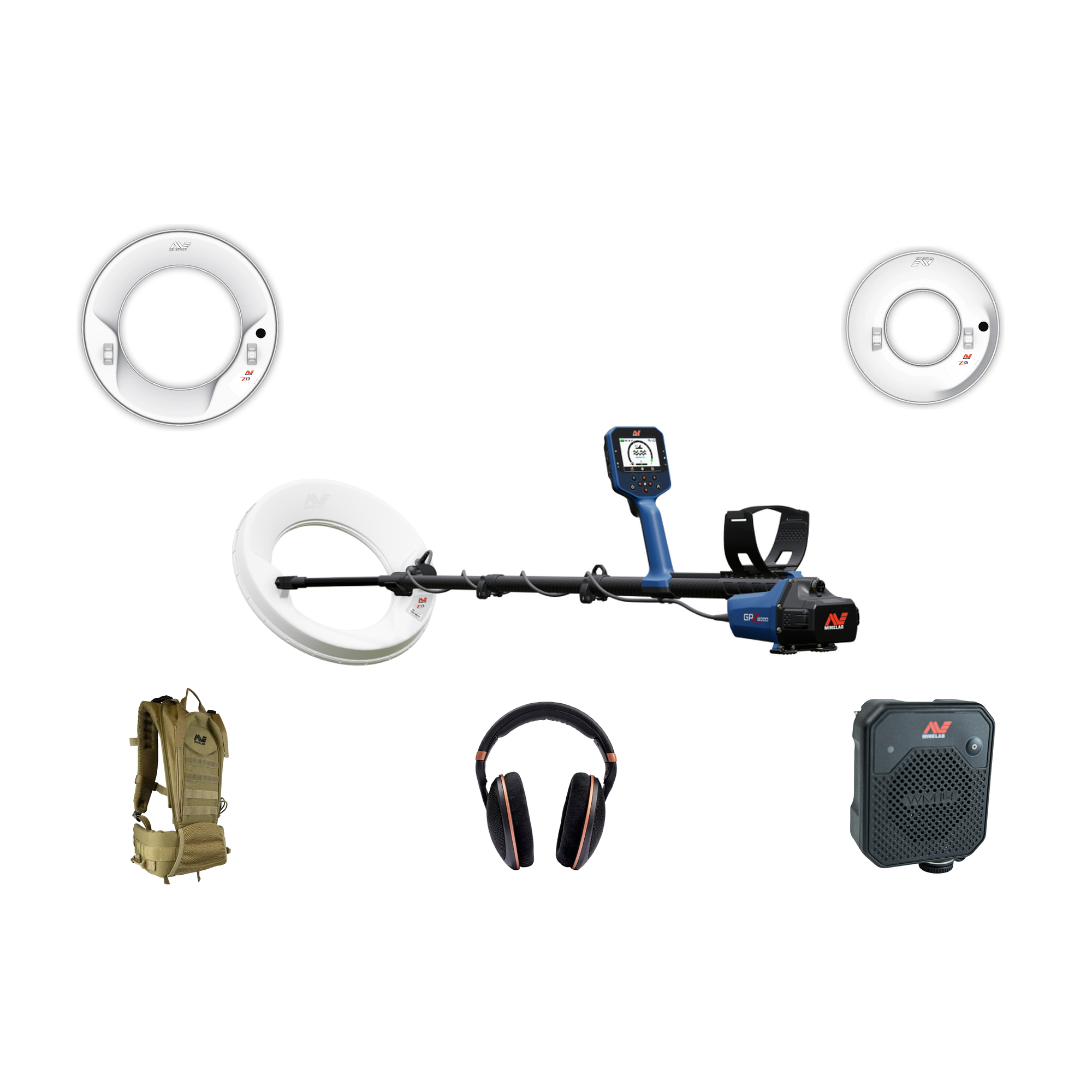 Minelab GPZ 8000 3 Coil Pack contents: detector with Z18 search coil, Z17 and Z13 search coils, PRO-SWING 125 harness, Sennheiser HD 505 headphones, and WM 14 wireless audio module