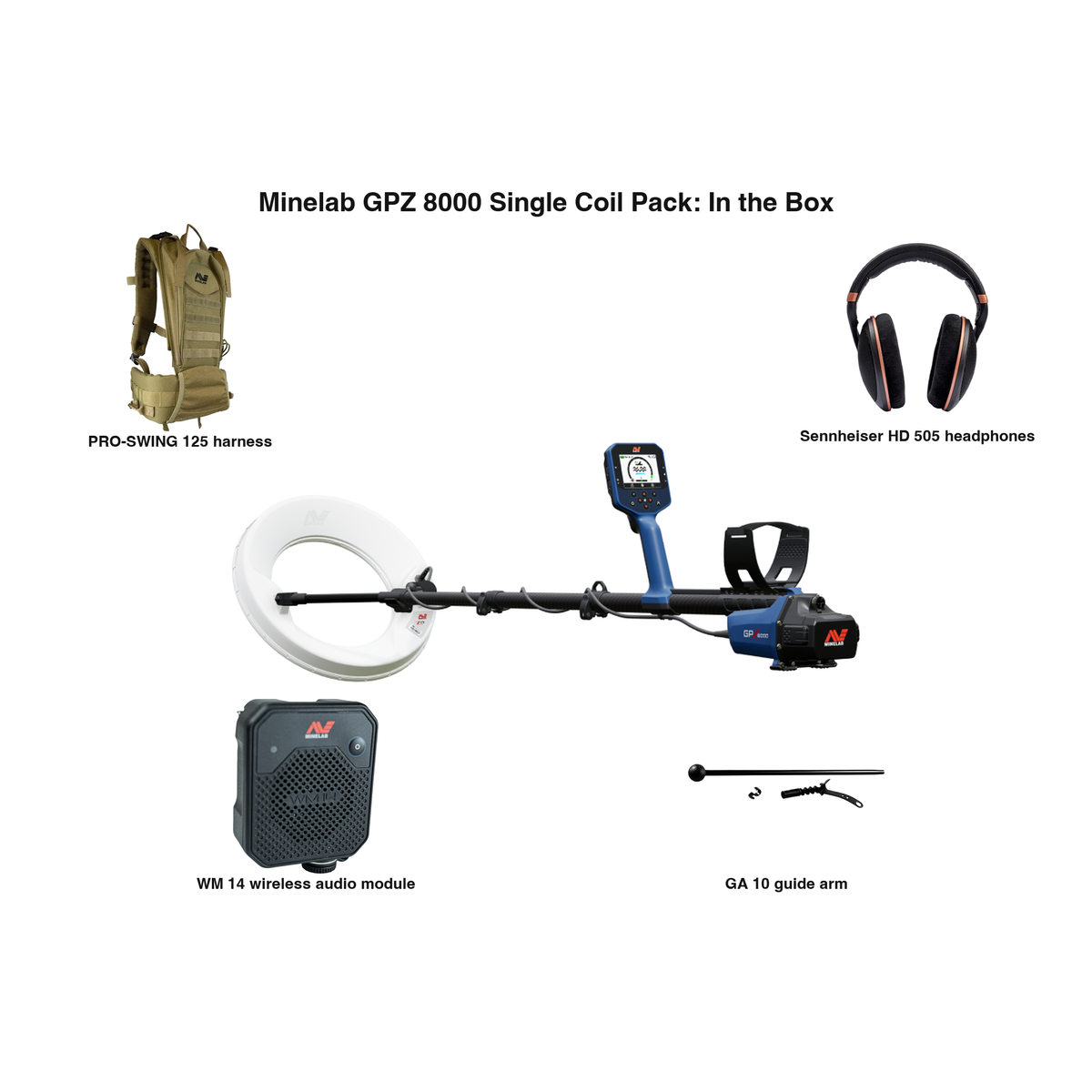 Labeled contents of the Minelab GPZ 8000 Single Coil Pack with part names: Z18 coil, PRO-SWING 125 harness, Sennheiser HD 505 headphones, WM 14 module, GA 10 guide arm
