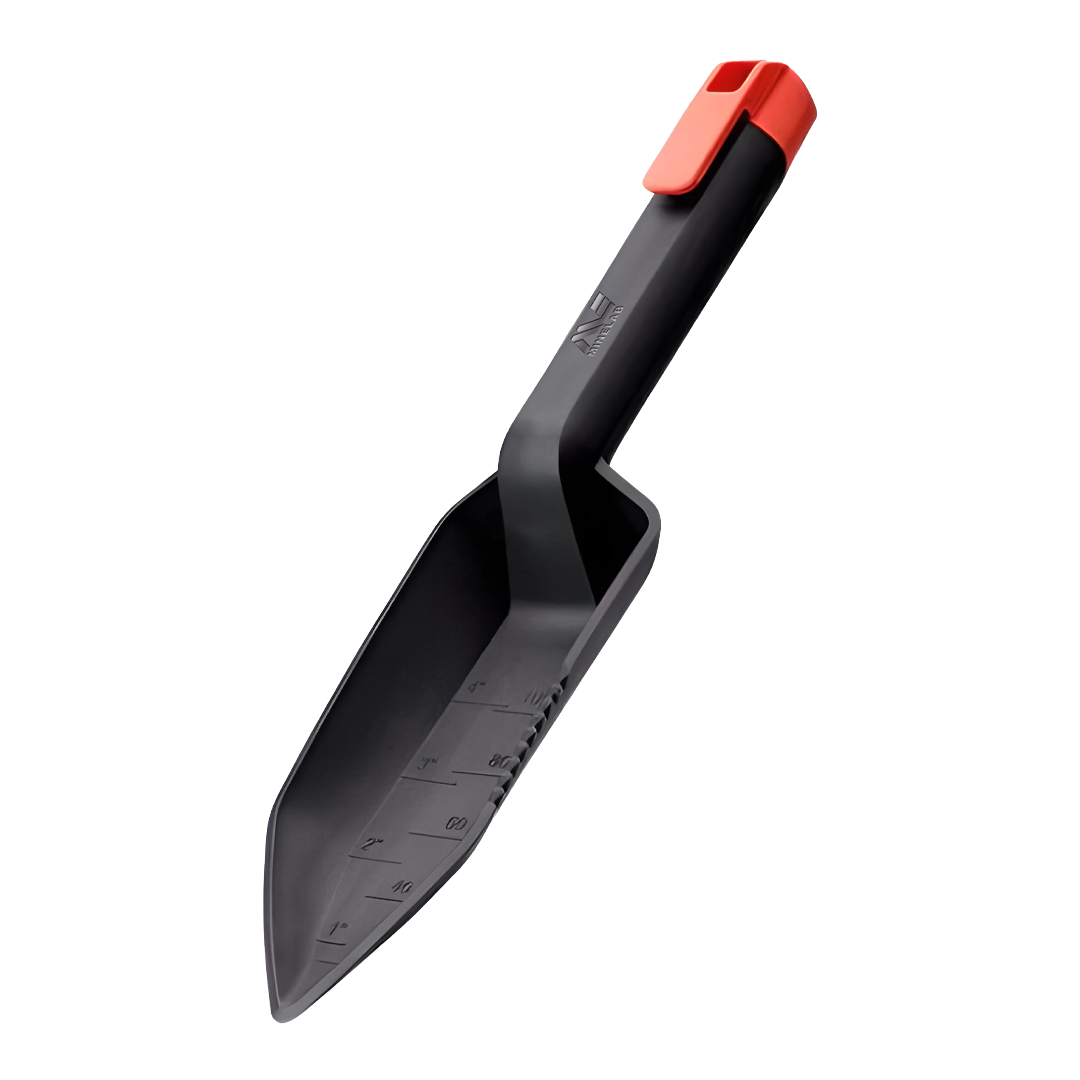 Minelab multi-purpose hard plastic digging tool 3011-0295 with serrated edge, red handle cap, Minelab logo and molded inch and millimeter depth scale