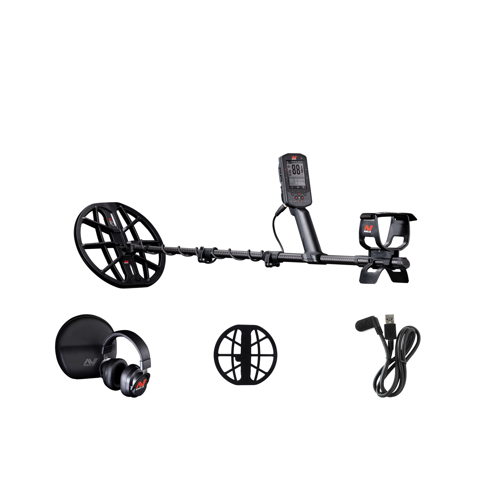 Minelab Manticore contents: detector with M11 11 in search coil, ML 105 wireless headphones with case, M11 skidplate, and magnetic USB charging cable