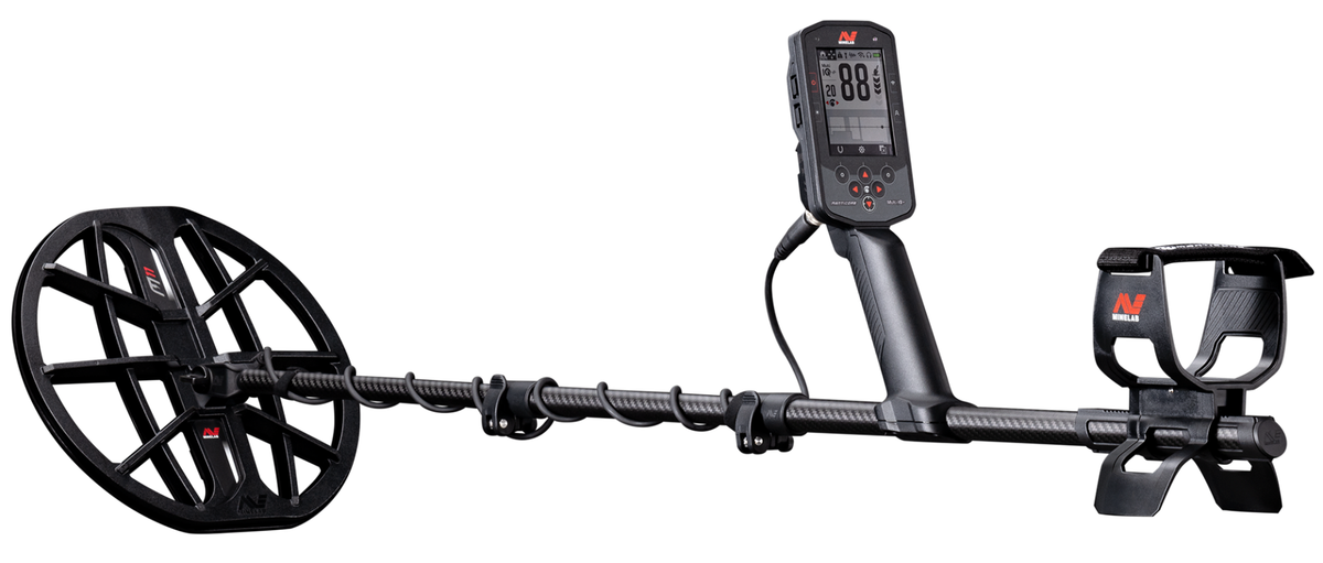 Minelab Manticore metal detector with M11 11 in (28 cm) Double-D search coil and carbon fiber shaft, studio side view