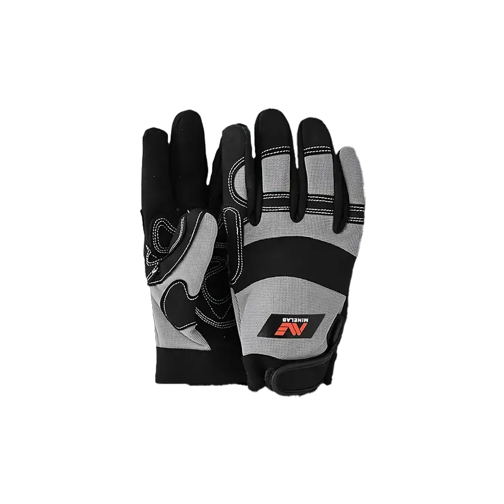 Minelab grey and black digging gloves, size XL, with the Minelab logo on the back of the hand and a hook-and-loop wrist strap