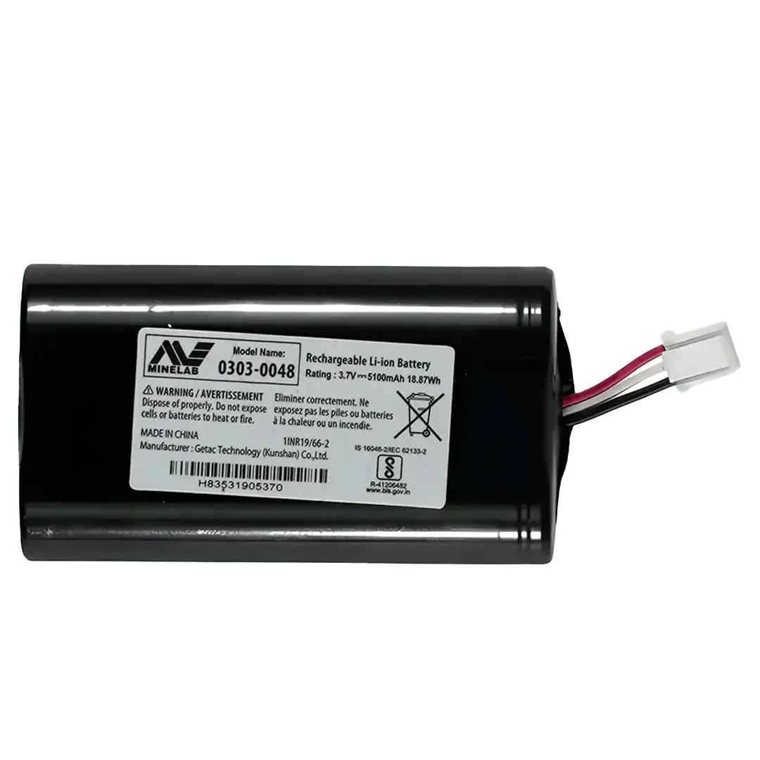 Genuine Minelab Equinox 700 and 900 lithium ion battery pack 3011-0456, model 0303-0048, black pack labeled 3.7V 5100mAh