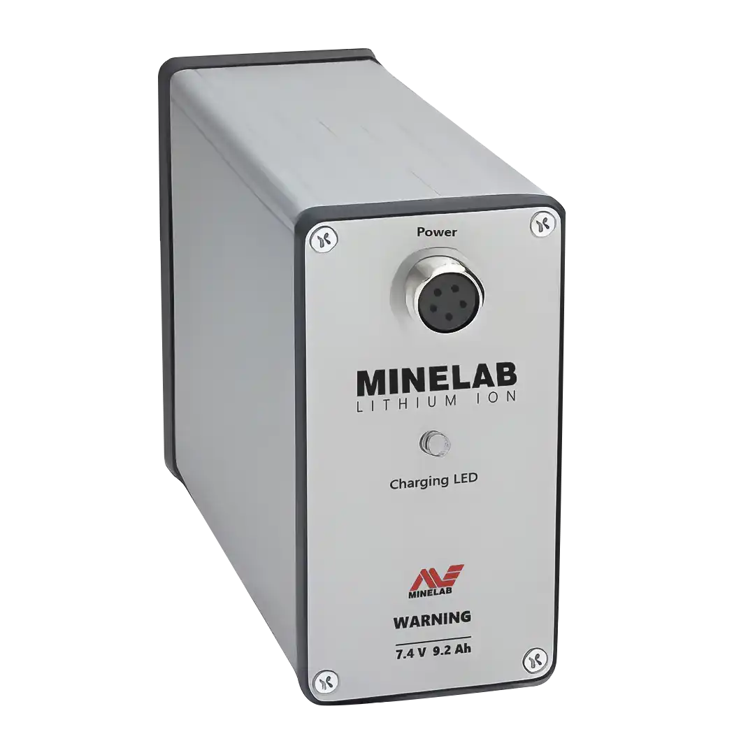 Genuine Minelab lithium ion battery 3011-0227 for pre-6000 GPX detectors, silver case labeled 7.4V 9.2Ah with power port and charging LED