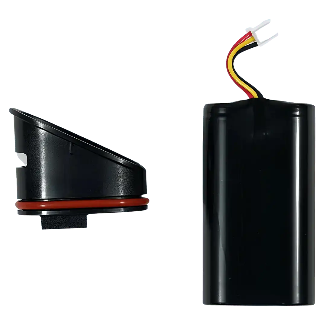 Genuine Minelab Manticore 25Wh lithium ion battery 3011-0486 shown with its sealing cap and red O-ring
