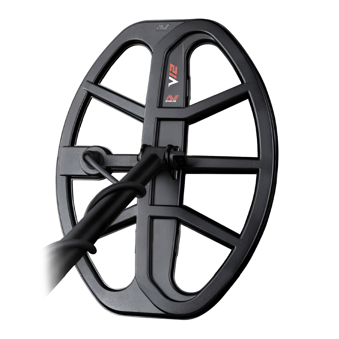 Genuine Minelab V12 12 x 9 in (30 x 23 cm) Double-D waterproof coil 3011-0408 for Vanquish 340, 440 and 540, mounted on its lower shaft, V12 decal visible