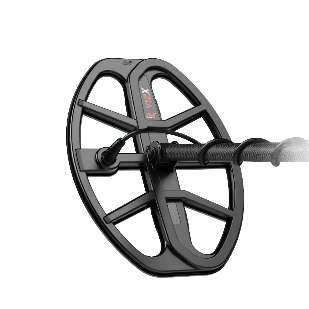 Genuine Minelab V12X 12 x 9 in (30 x 23 cm) elliptical Double-D waterproof search coil 3011-0459 on lower shaft, model decal visible