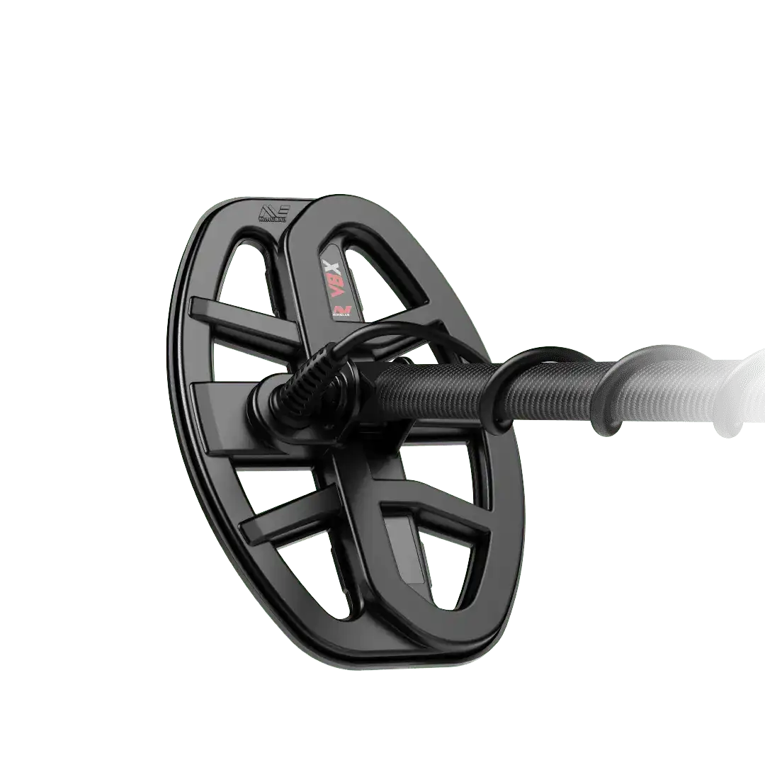 Genuine Minelab V8X 8 x 5 in (20 x 13 cm) elliptical Double-D waterproof search coil 3011-0457 on lower shaft, model decal visible