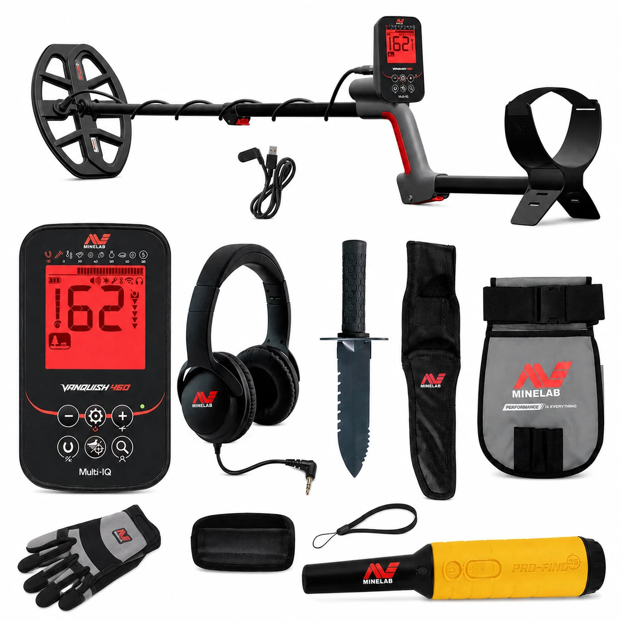 Minelab Vanquish 460 PRO-FIND 35 Adventure Pack bundle contents: VANQUISH 460 Multi-IQ detector with V10 coil, Minelab wired headphones, USB charging cable, Minelab gloves, digger with sheath, finds pouch, and PRO-FIND 35 waterproof pinpointer