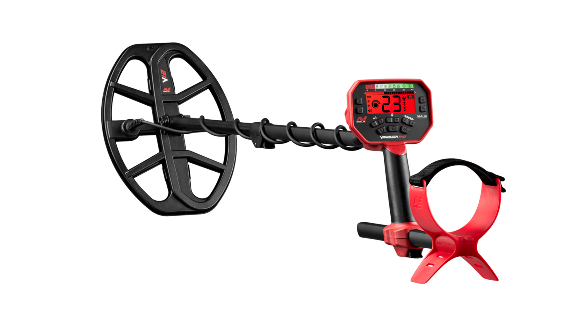 Minelab Vanquish 540 metal detector with V12 12x9 in Double-D coil, red control pod and armrest