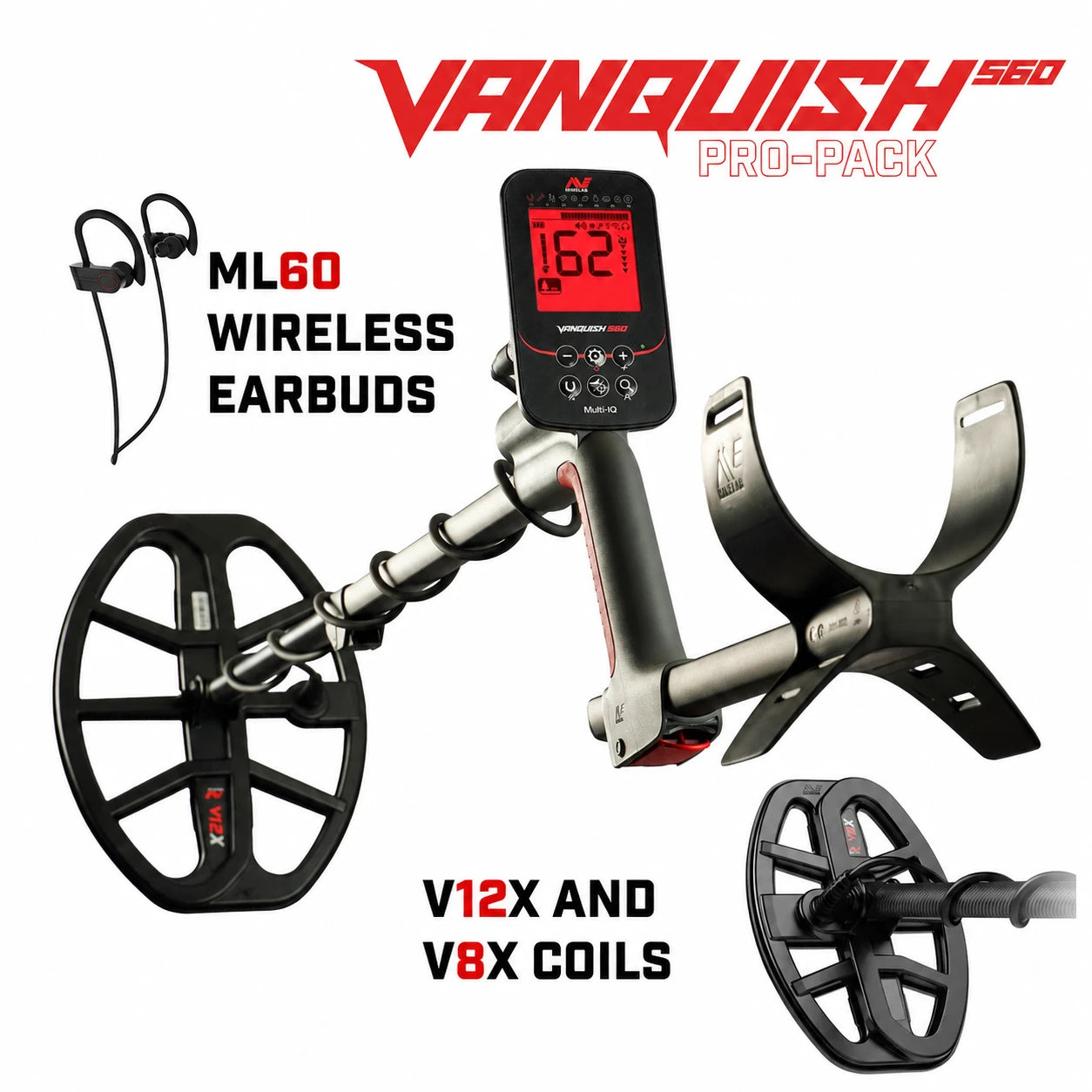 Minelab Vanquish 560 Pro-Pack contents: VANQUISH 560 Multi-IQ detector with V12X and V8X Double-D search coils and ML60 wireless earbuds